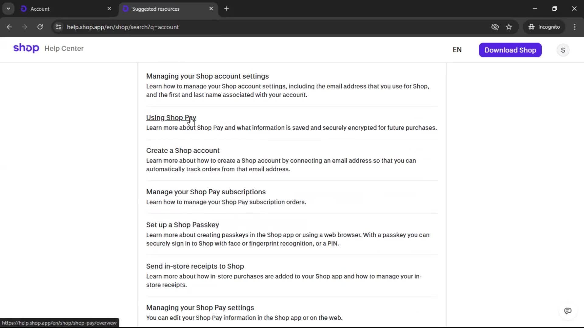 Help center screenshot