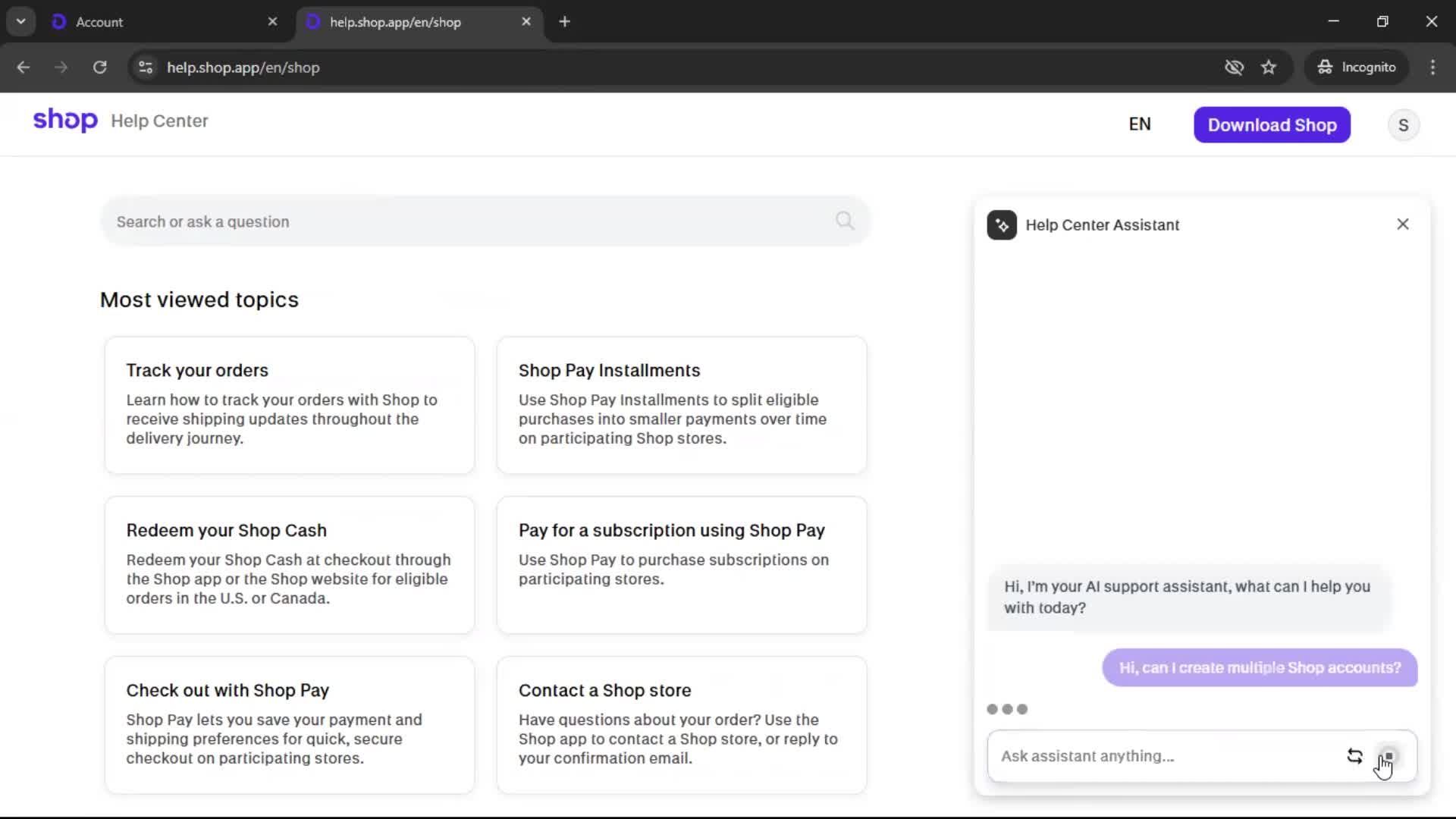 Help center screenshot