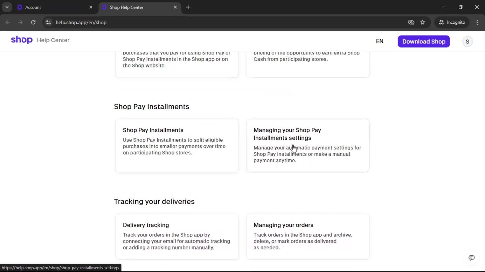 Help center screenshot