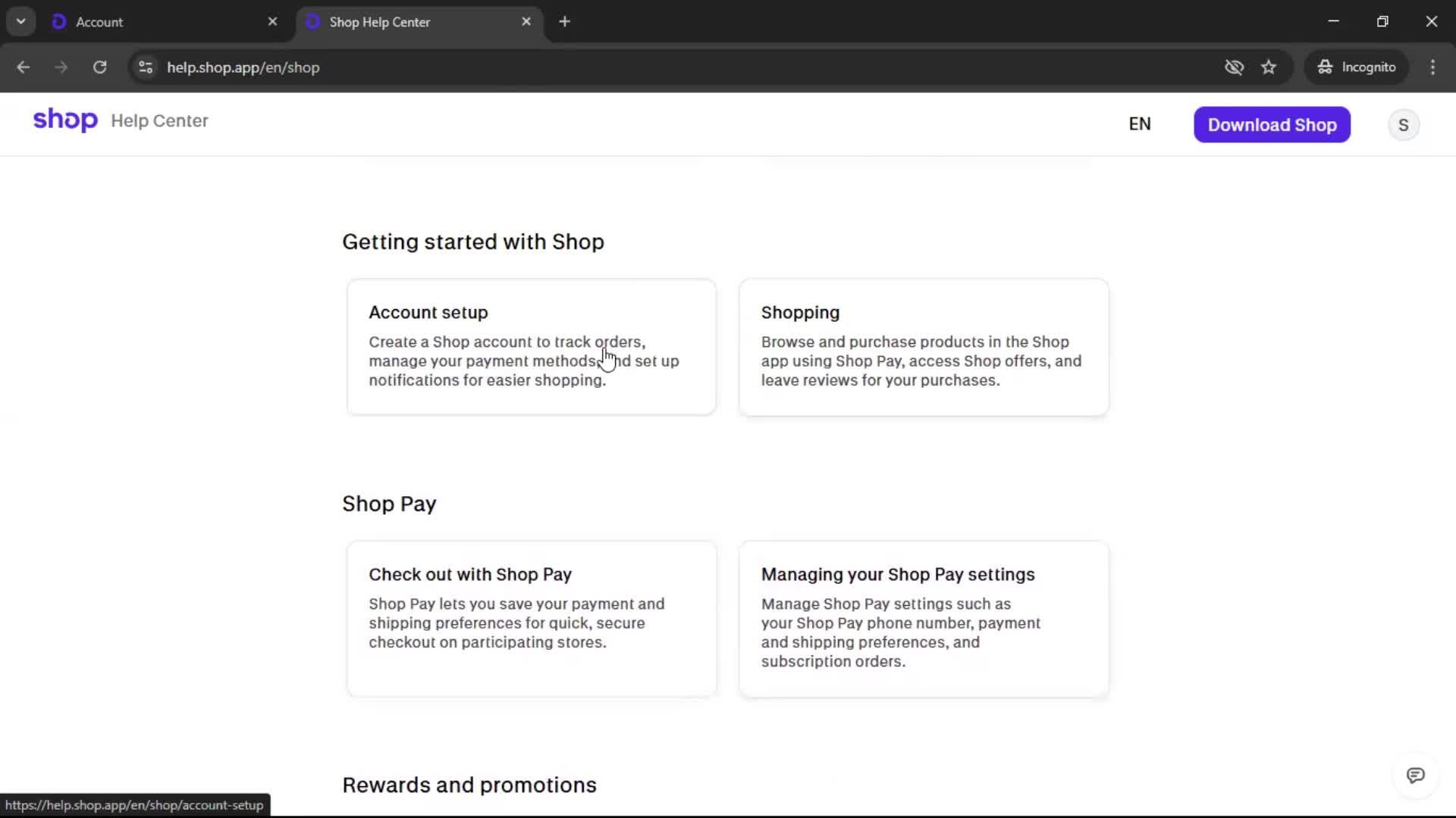 Help center screenshot