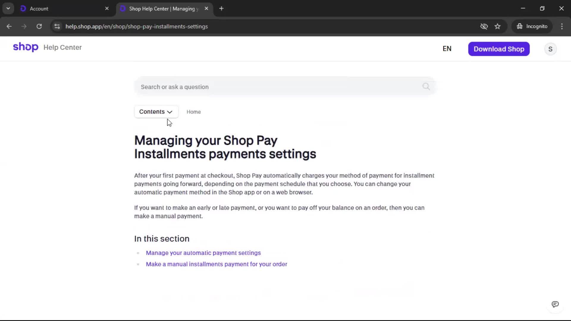 Help center screenshot