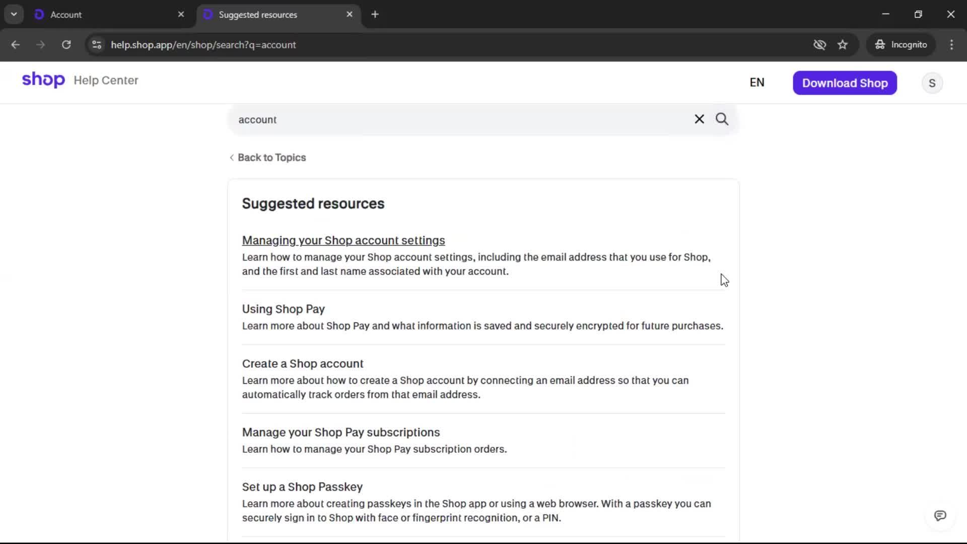 Help center screenshot