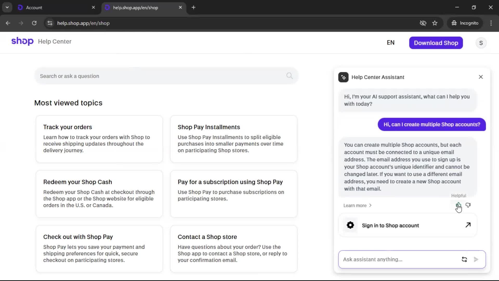 Help center screenshot