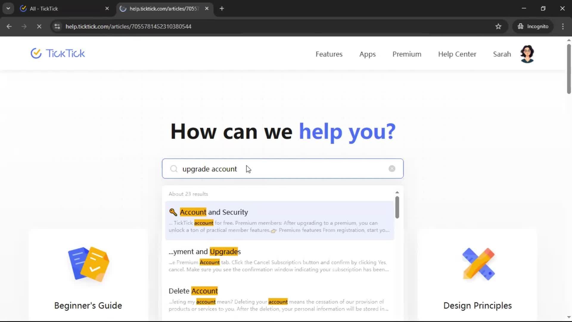 Help center screenshot