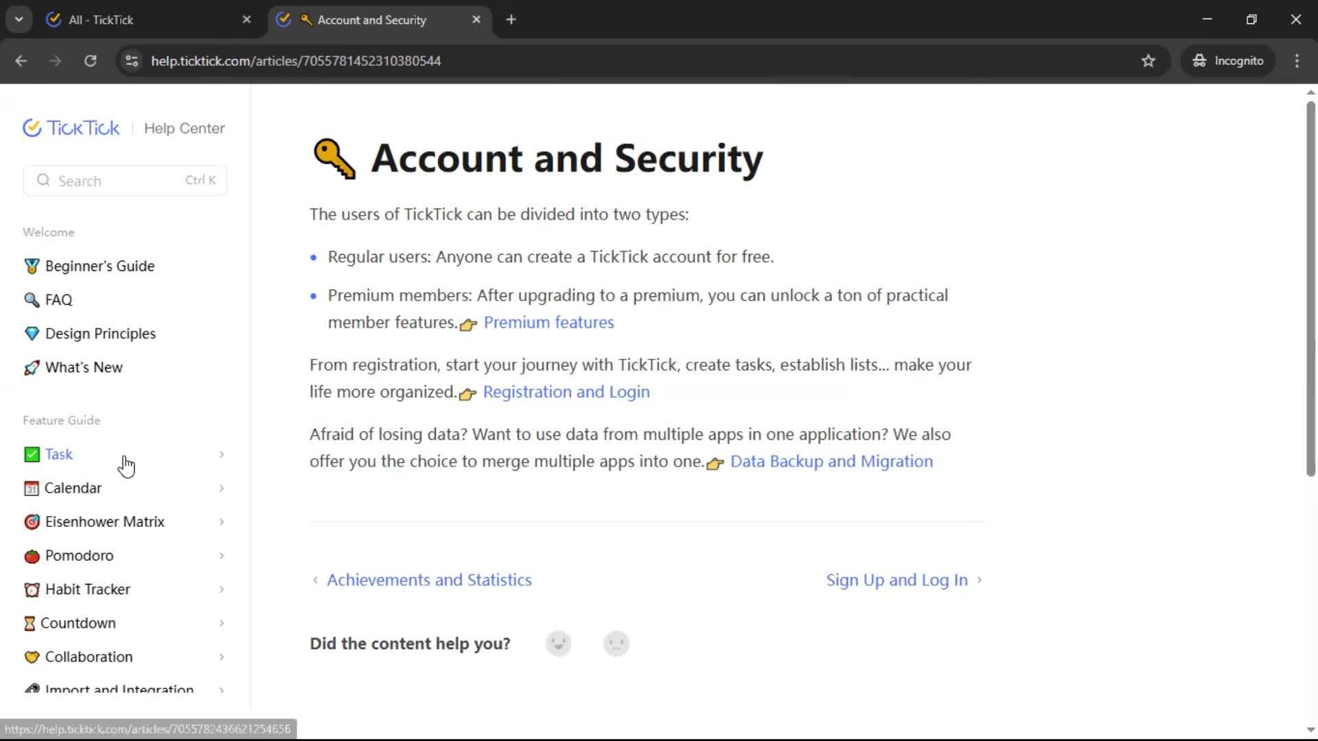 Help center screenshot