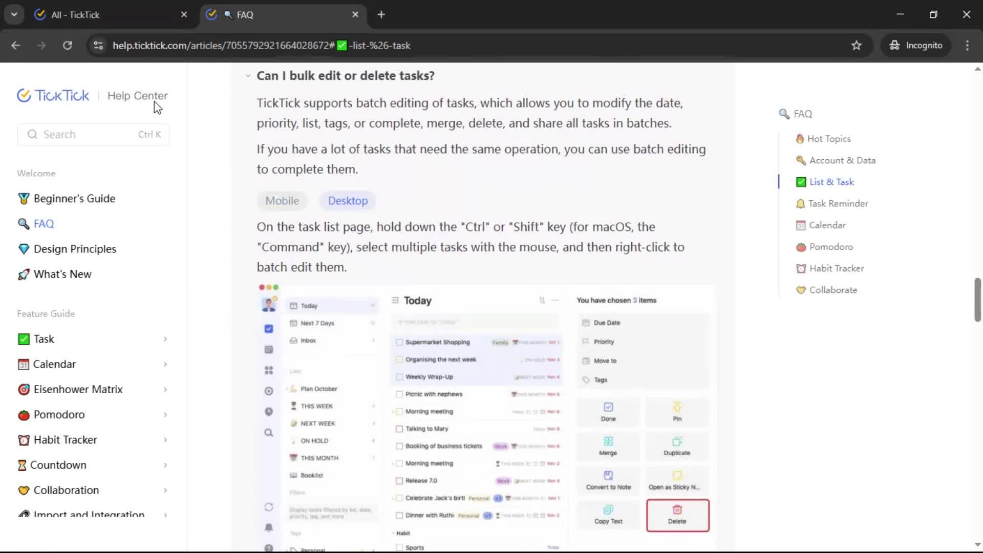 Help center screenshot