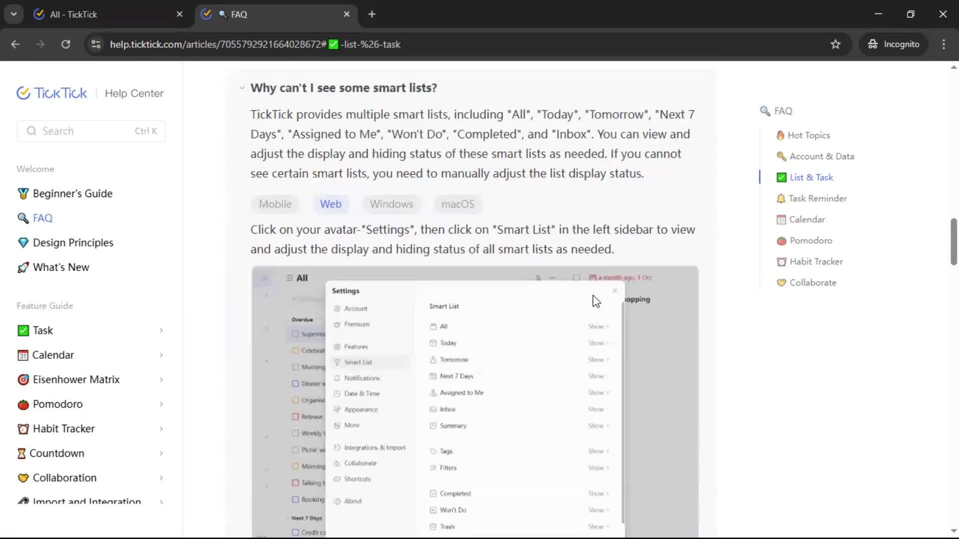 Help center screenshot