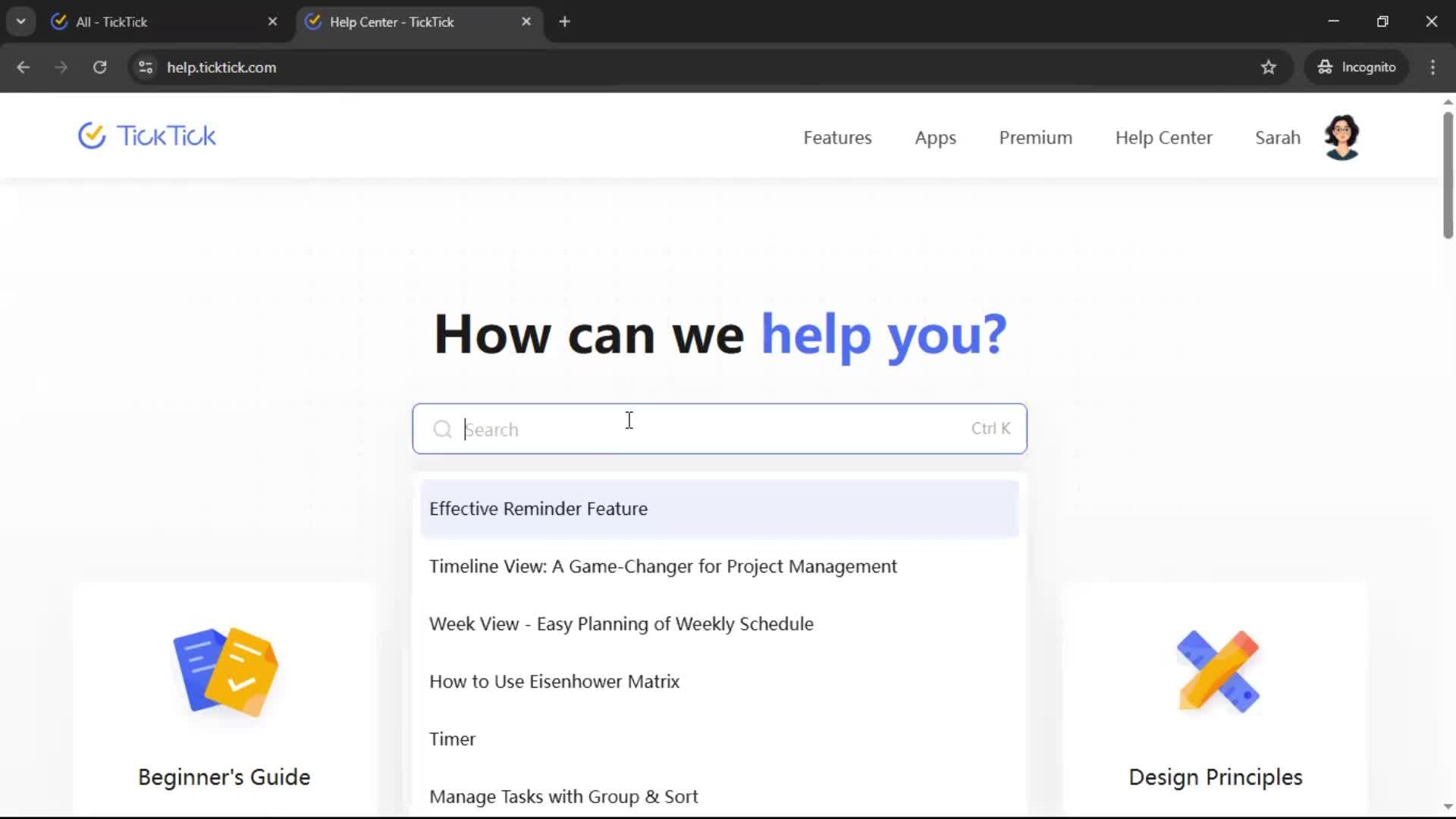 Help center screenshot
