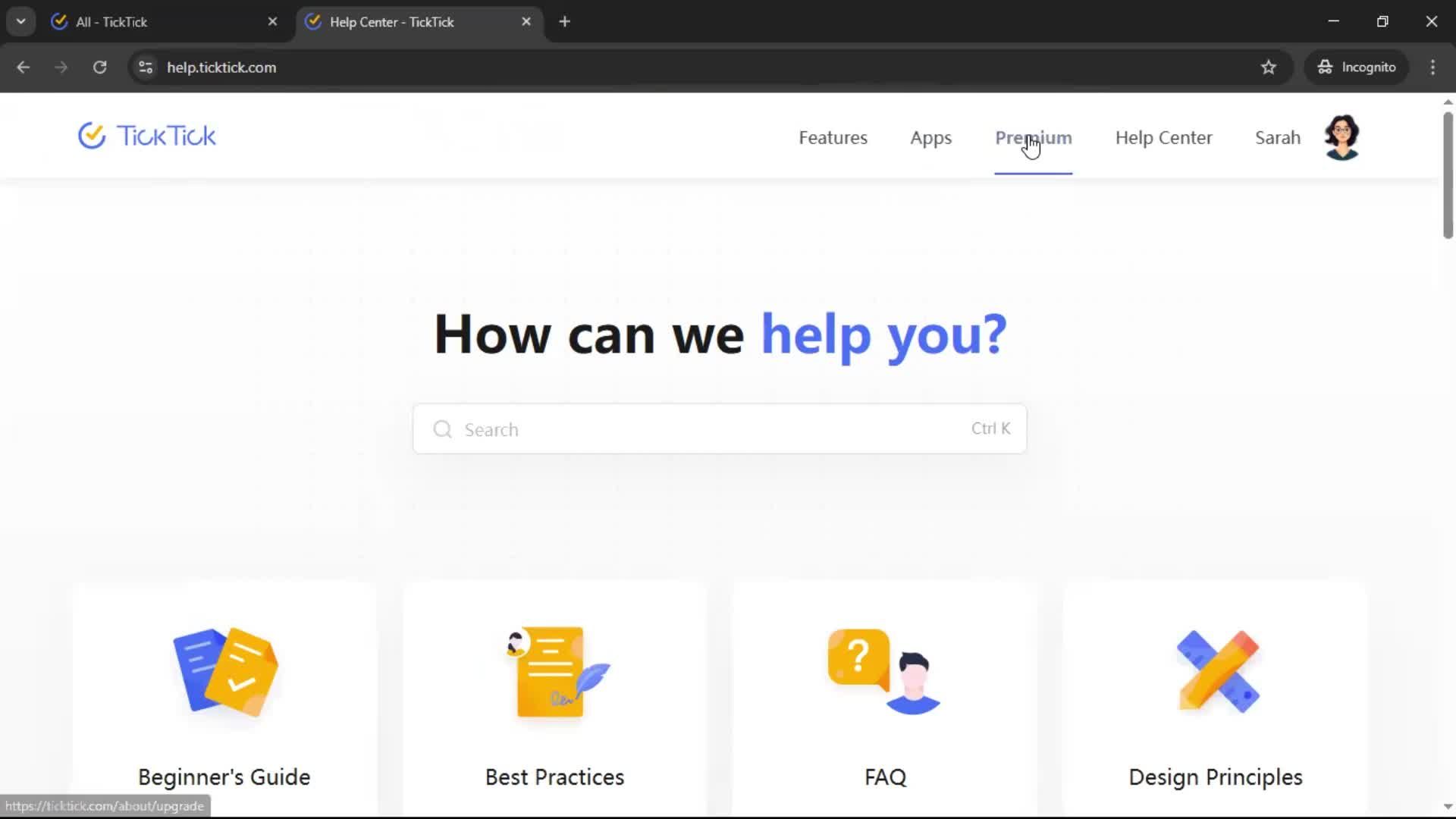 Help center screenshot