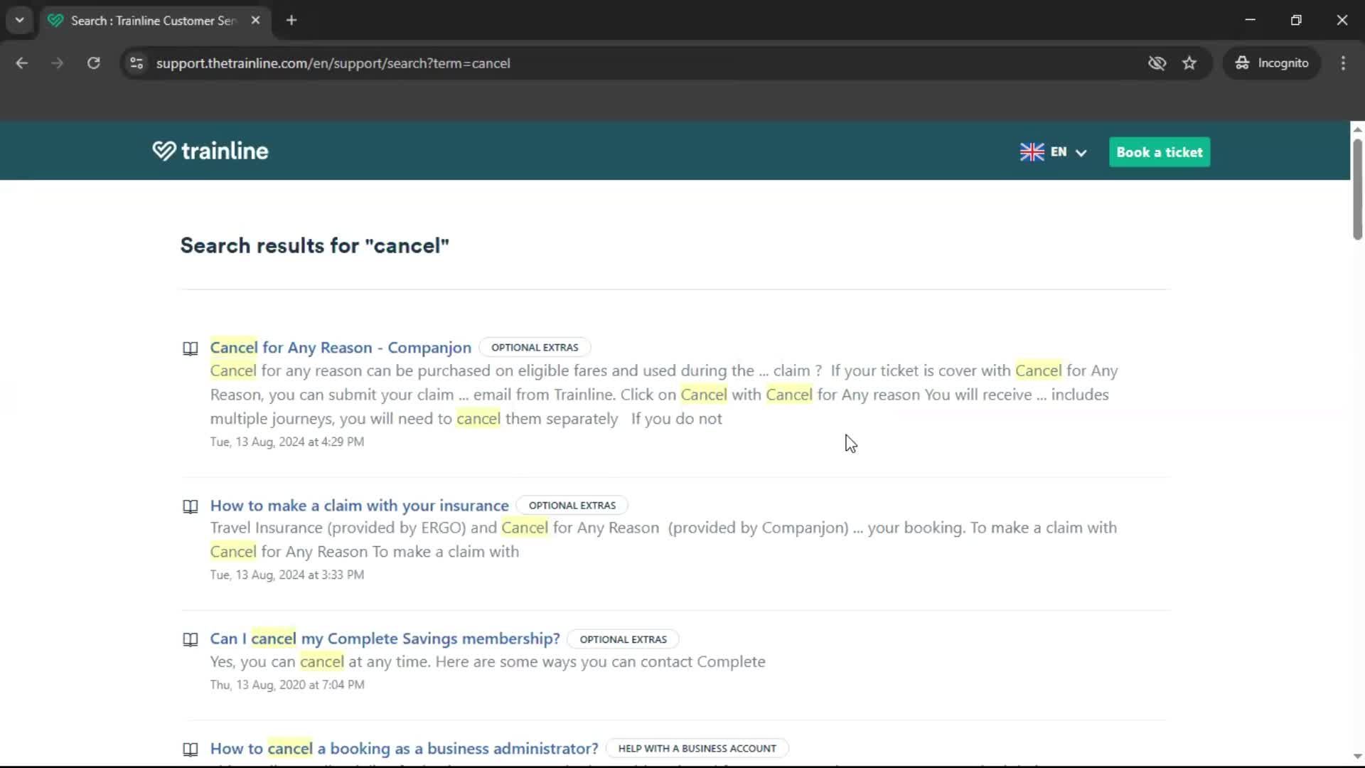 Help center screenshot
