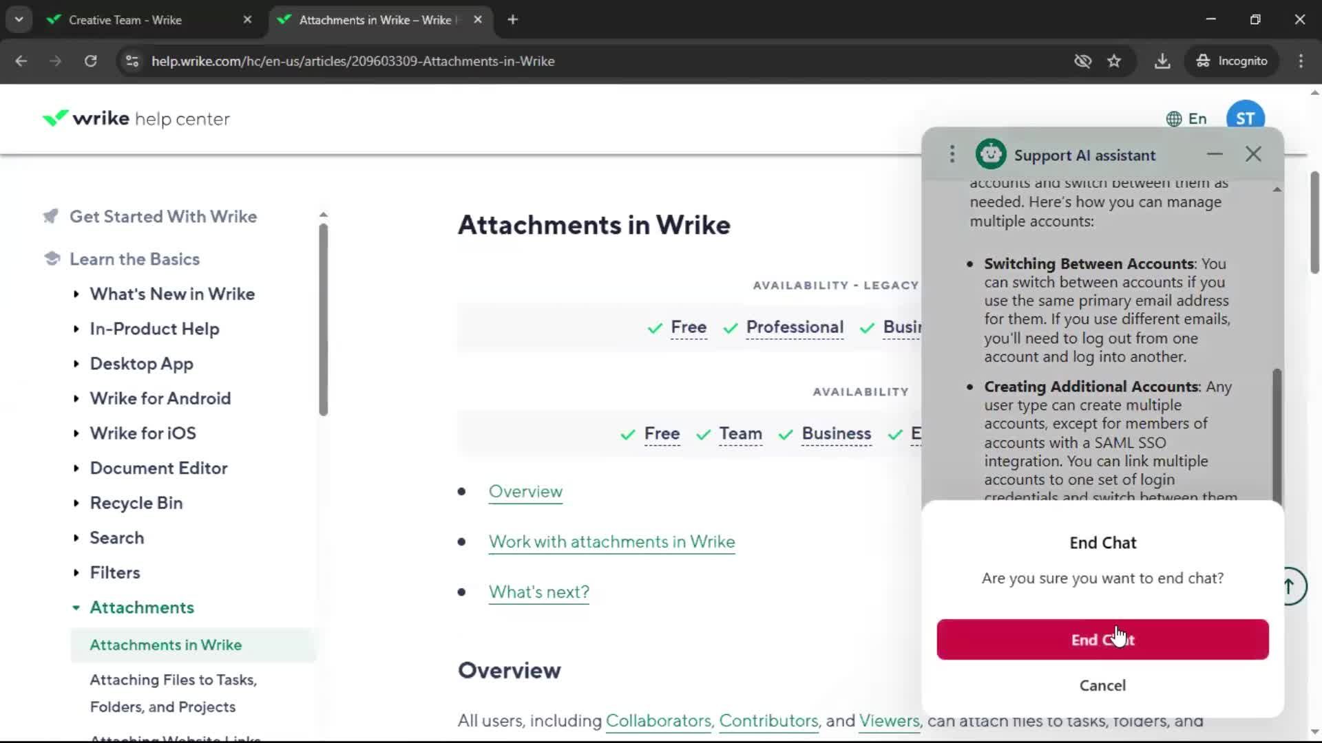 Help center screenshot