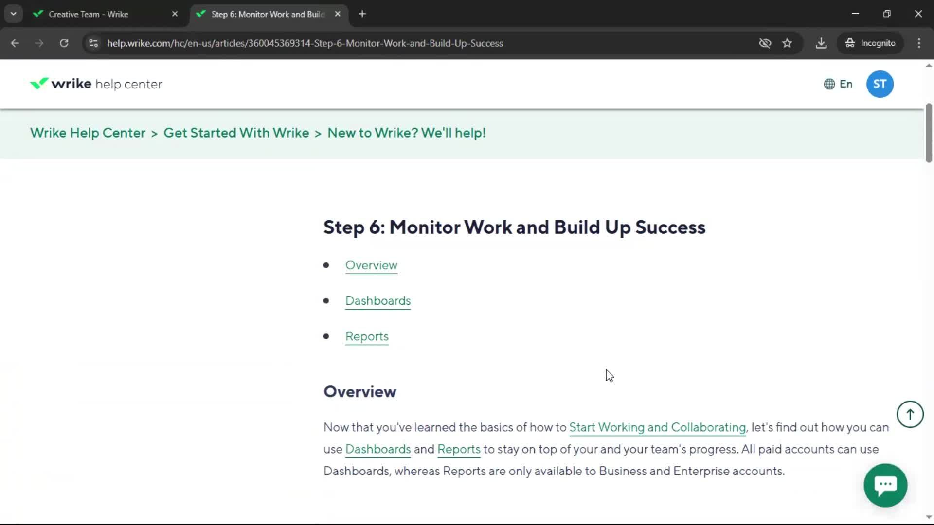 Help center screenshot