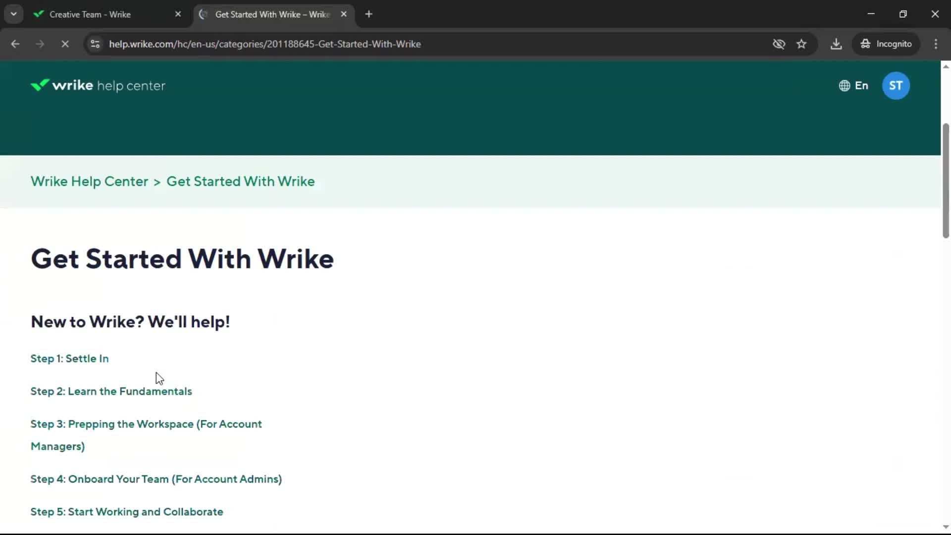 Help center screenshot