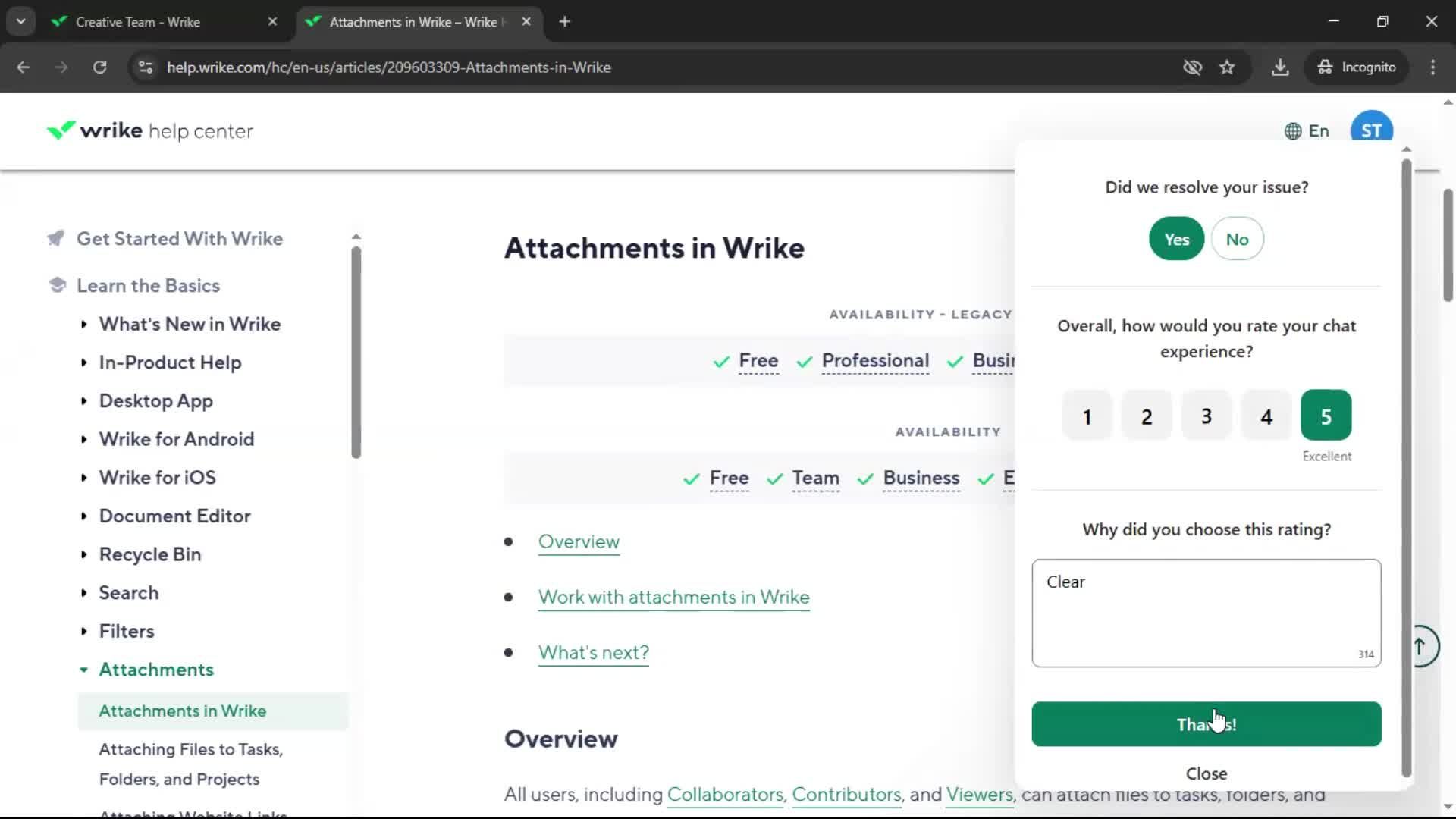 Help center screenshot