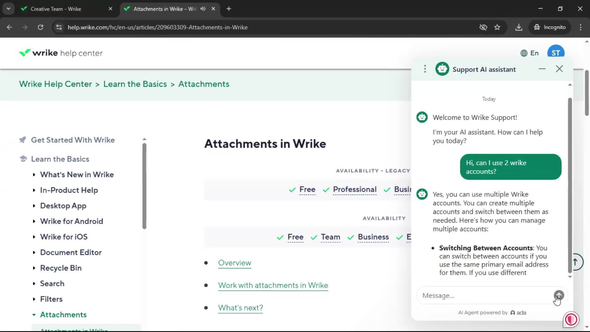 Help center screenshot