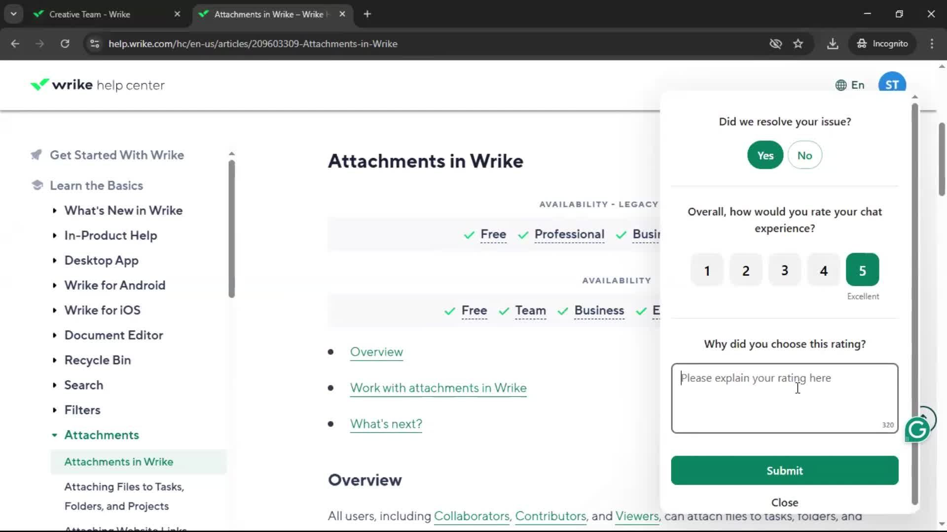 Help center screenshot
