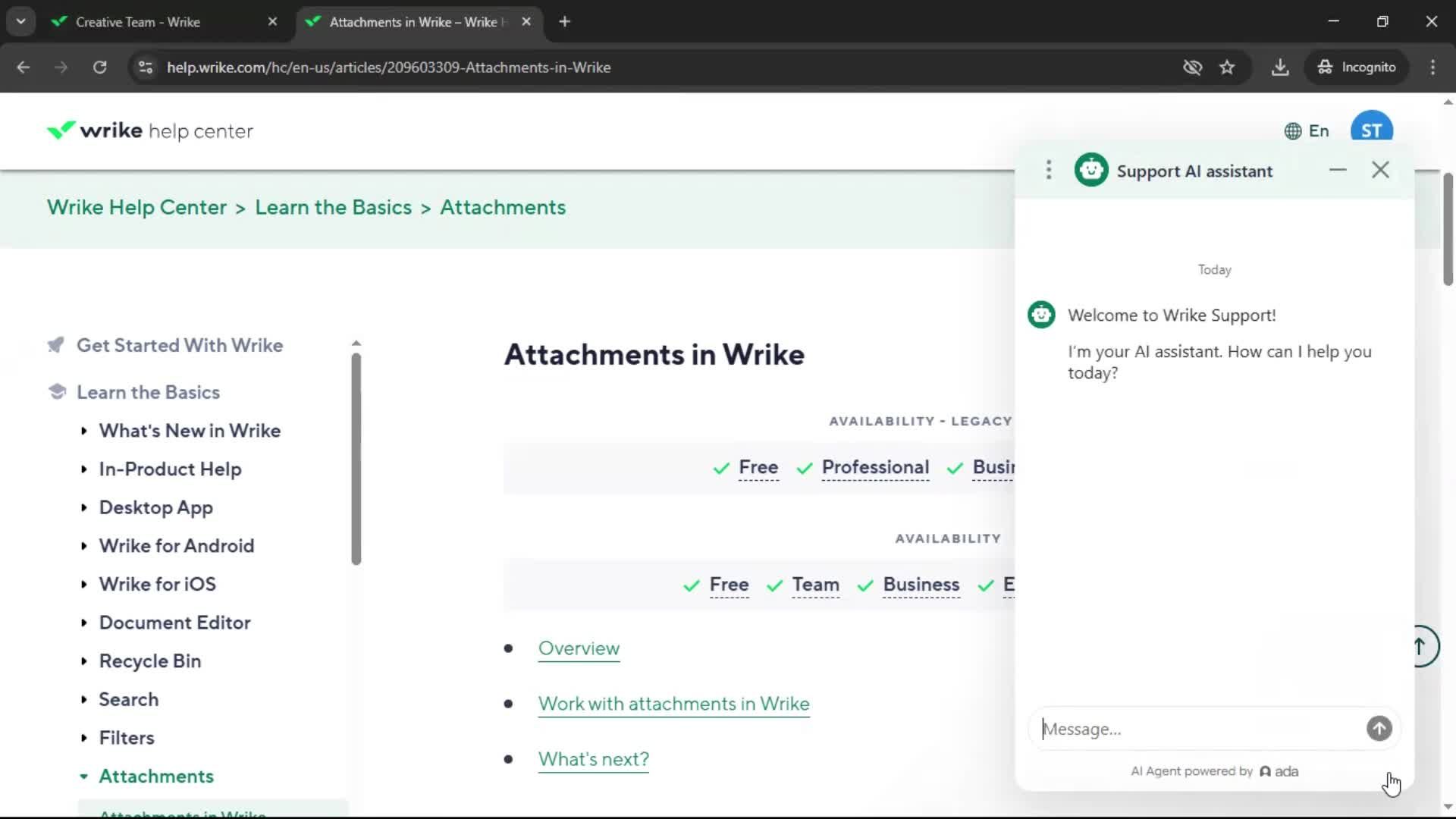 Help center screenshot