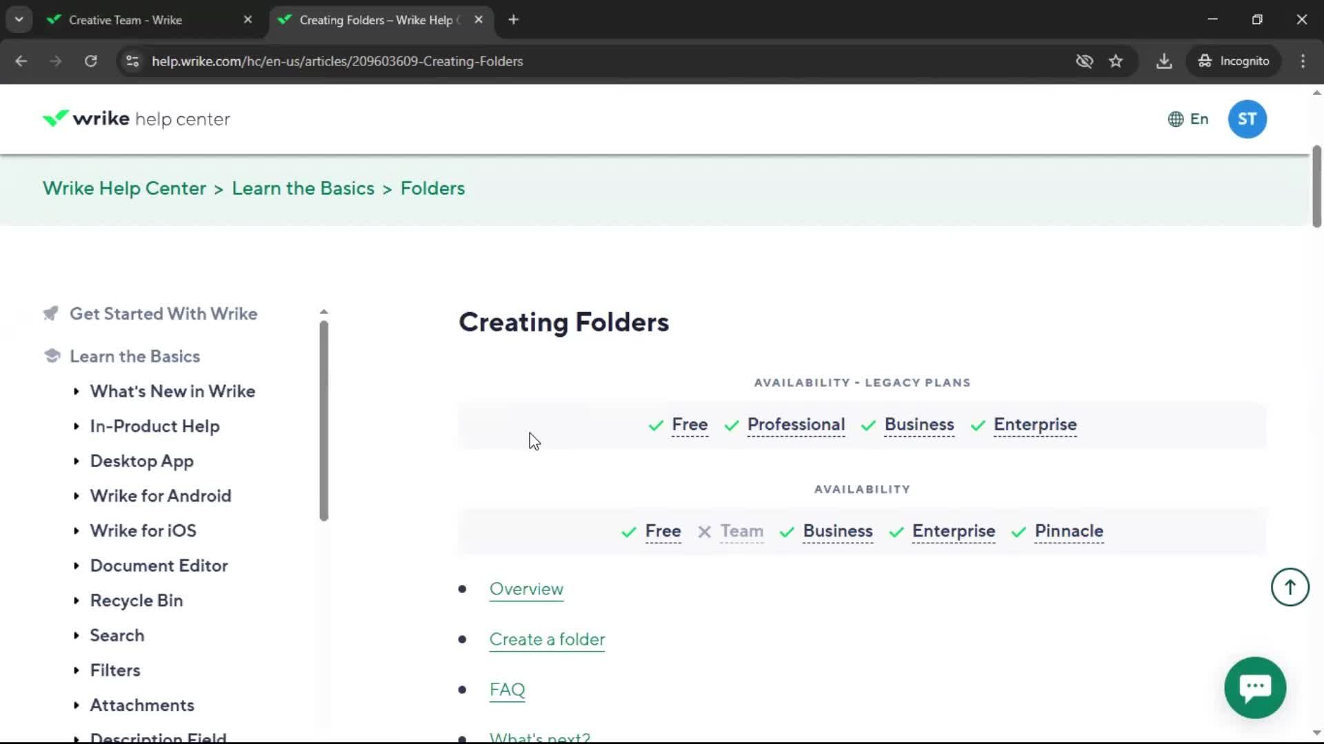 Help center screenshot