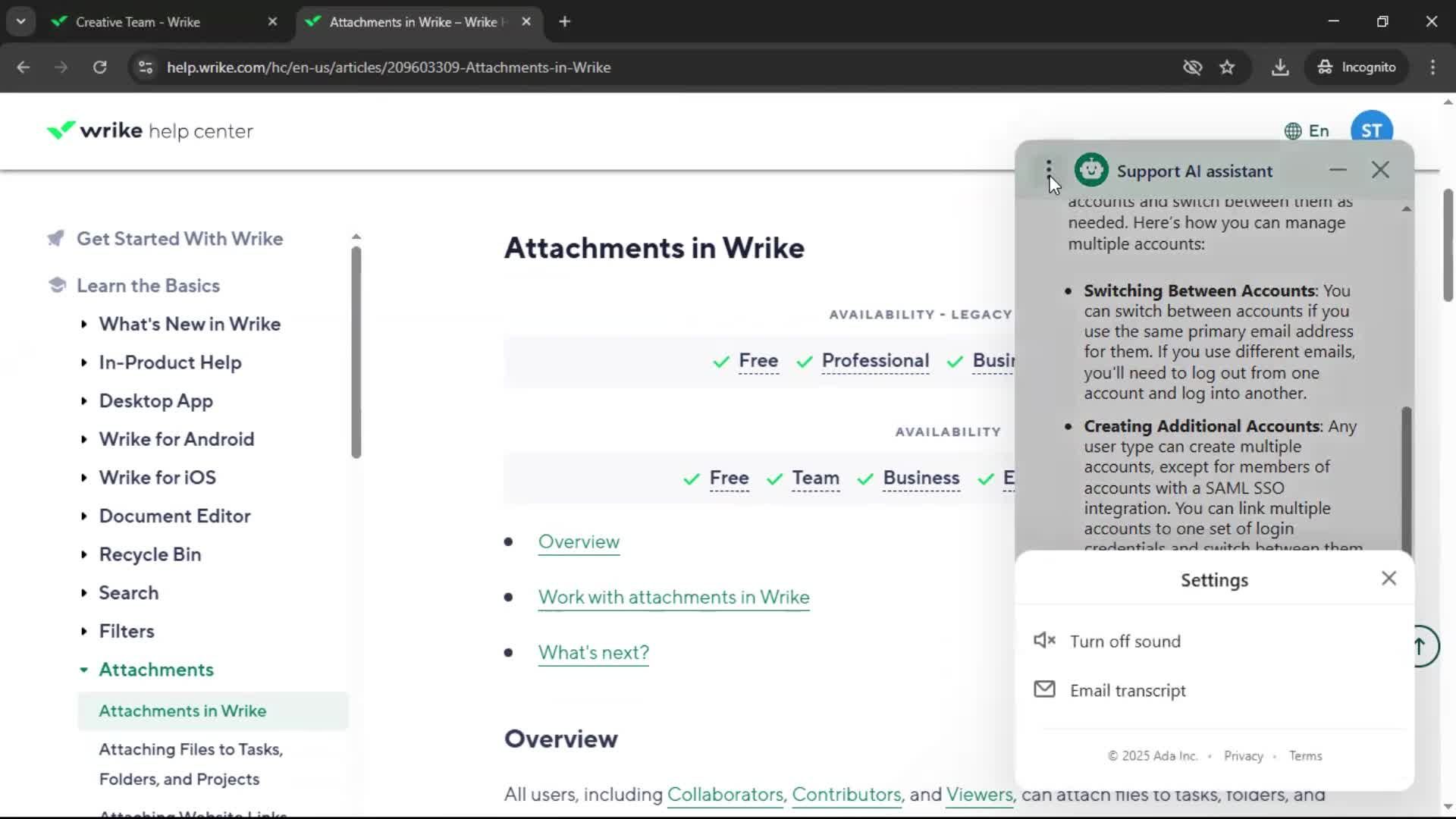 Help center screenshot