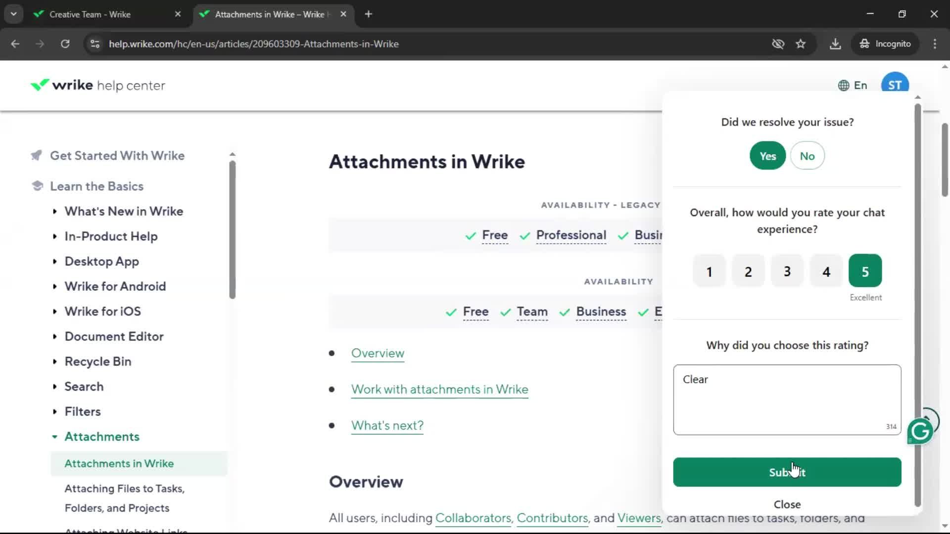 Help center screenshot