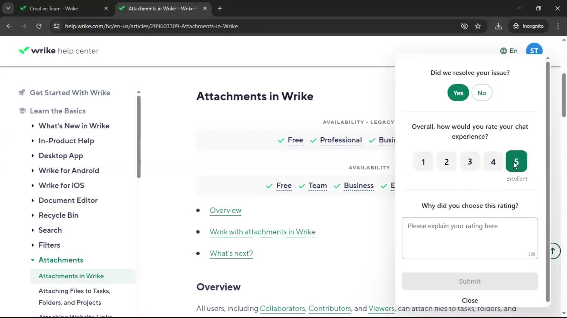 Help center screenshot