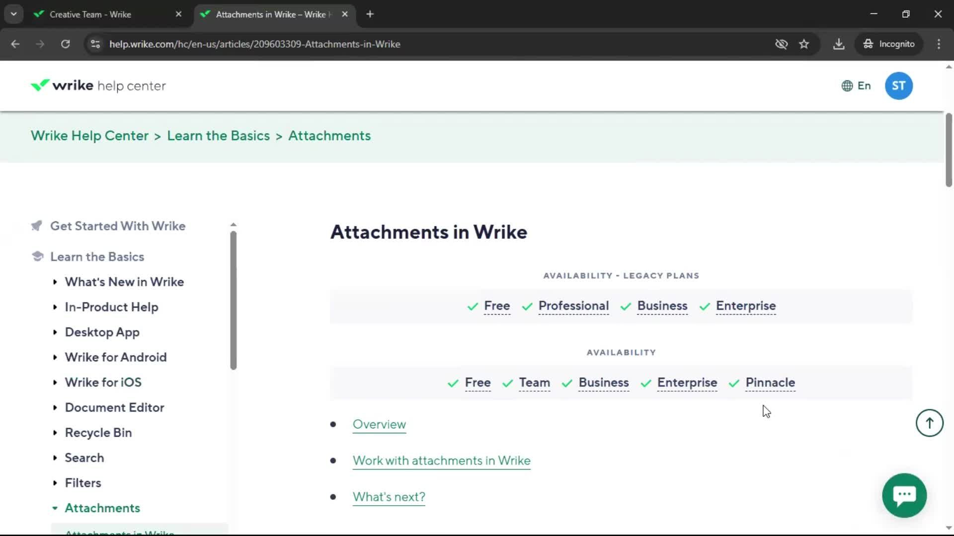 Help center screenshot