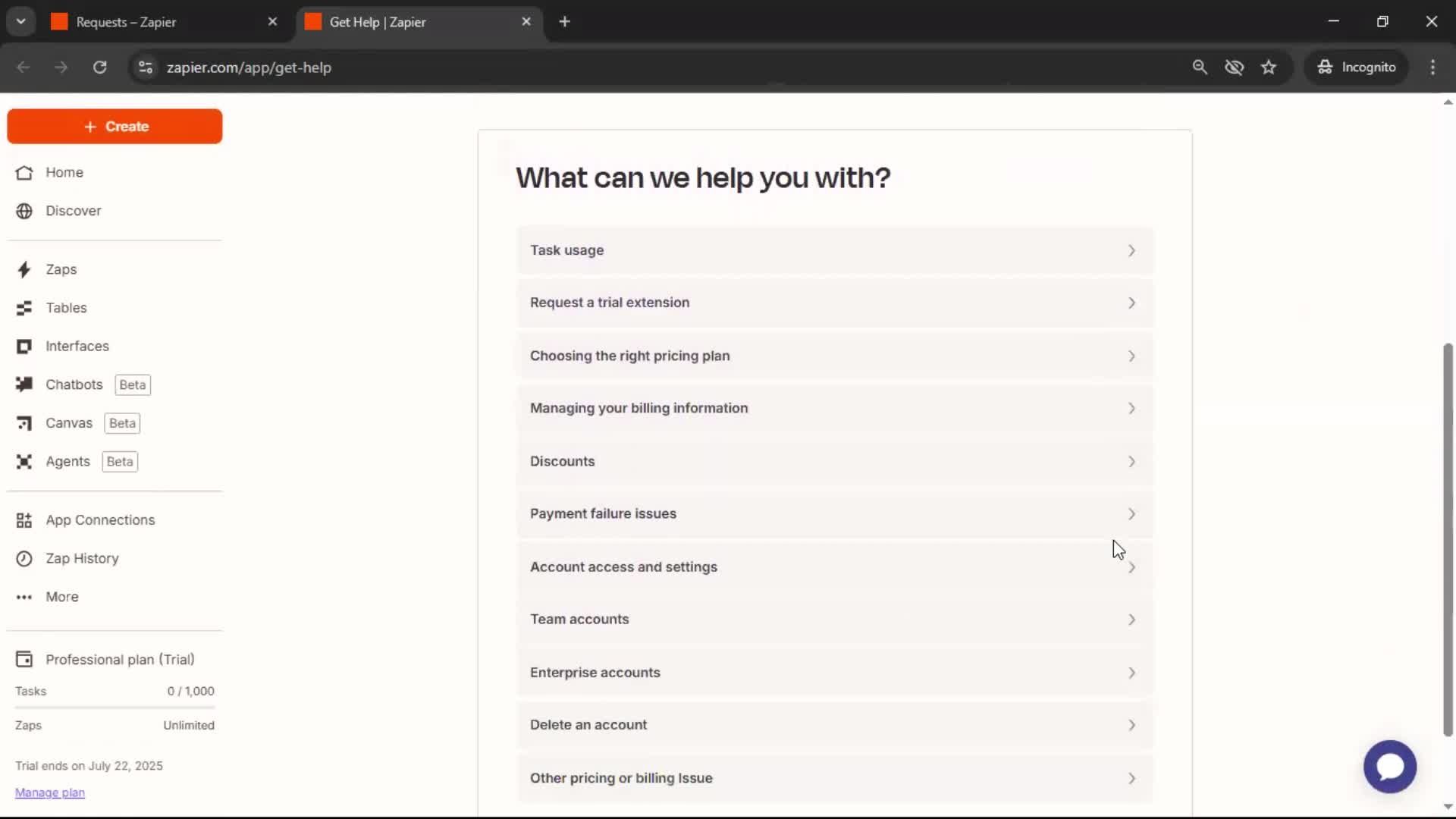 Help center screenshot
