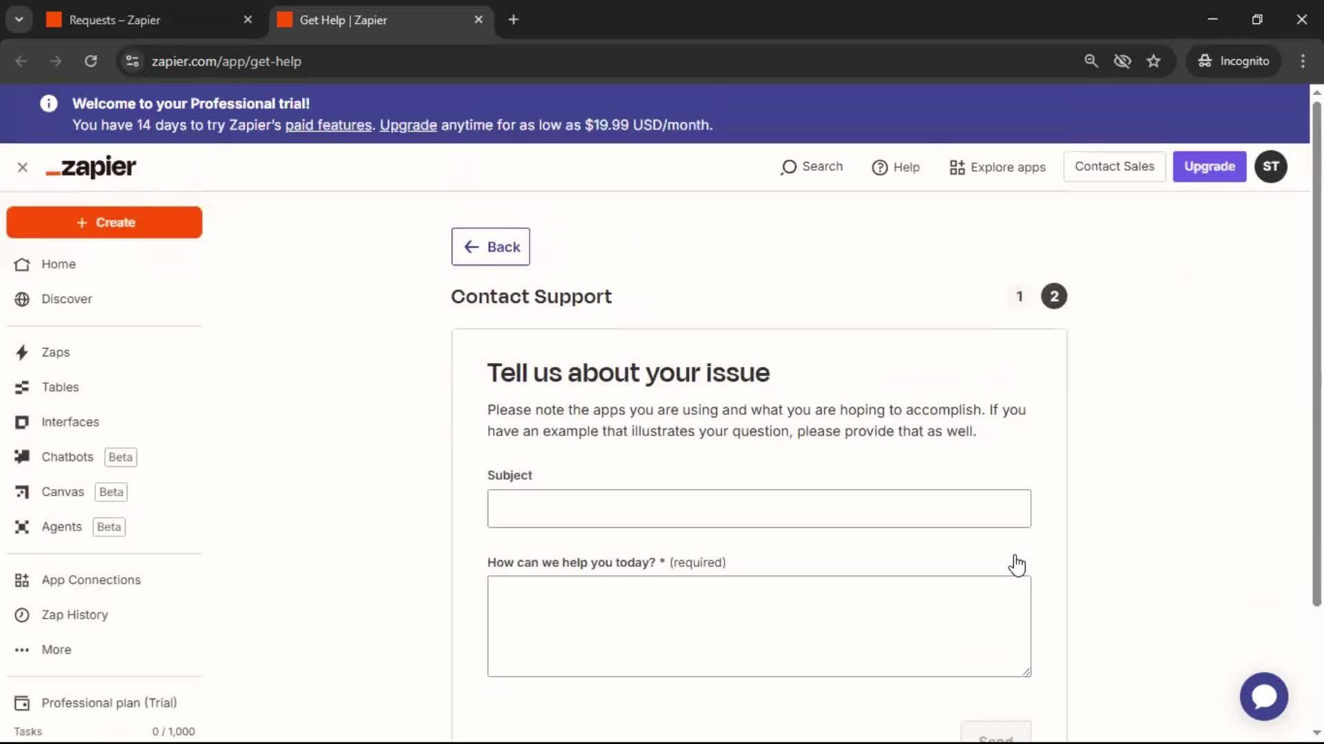 Help center screenshot