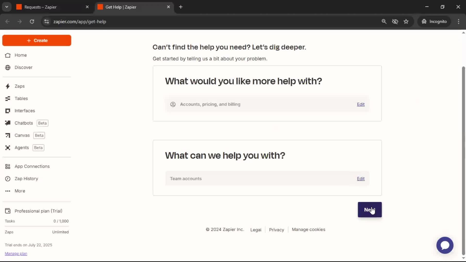 Help center screenshot