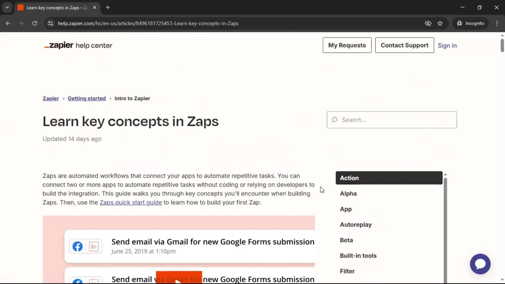 Help center screenshot