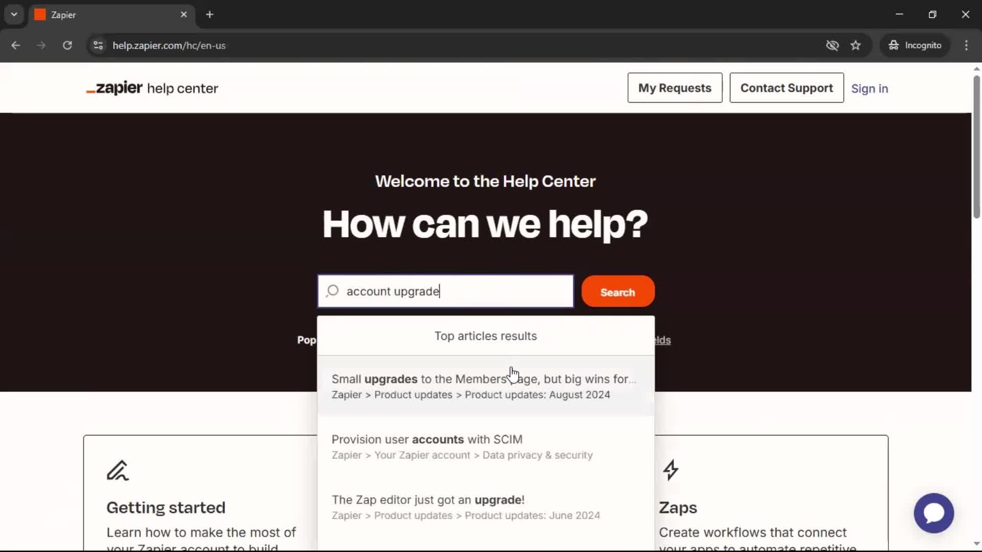 Help center screenshot
