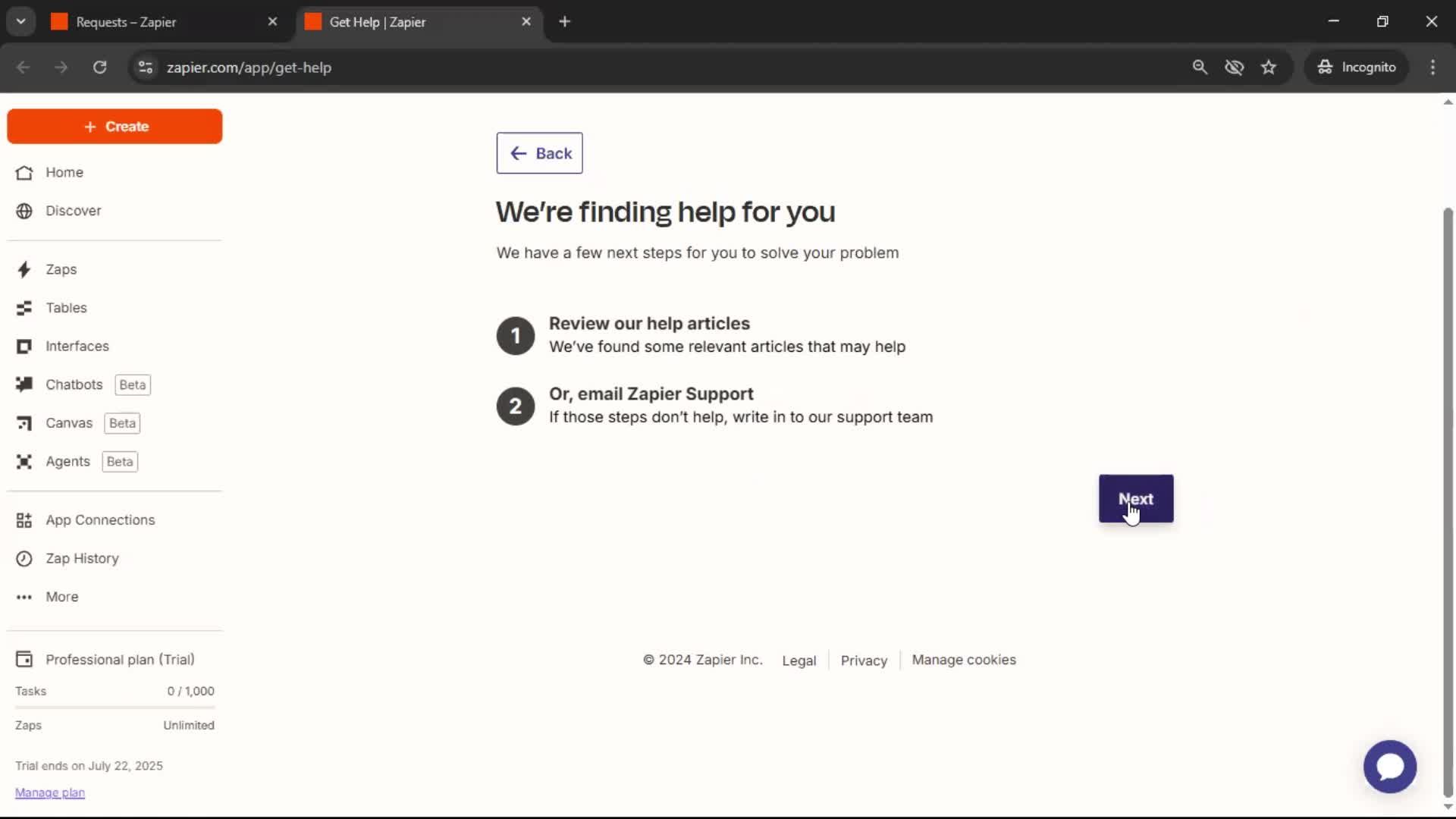 Help center screenshot
