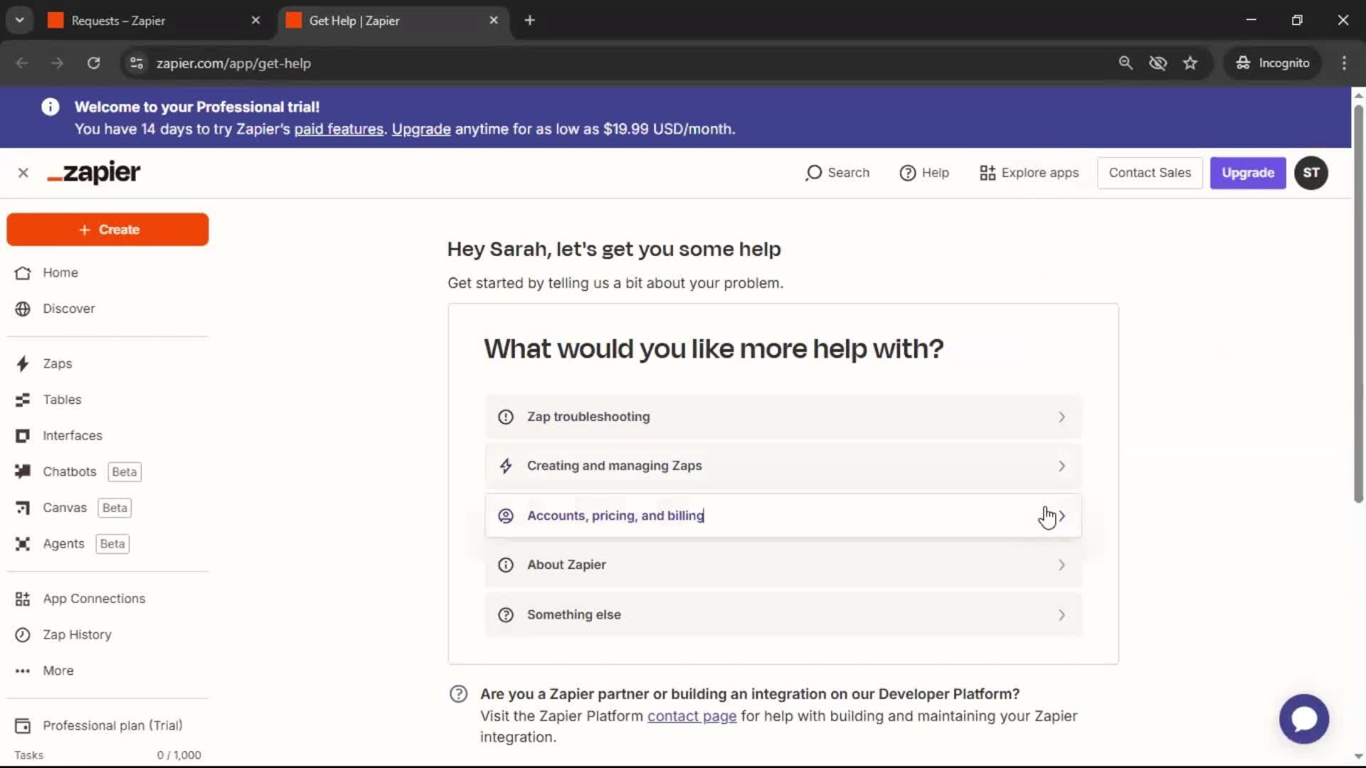 Help center screenshot