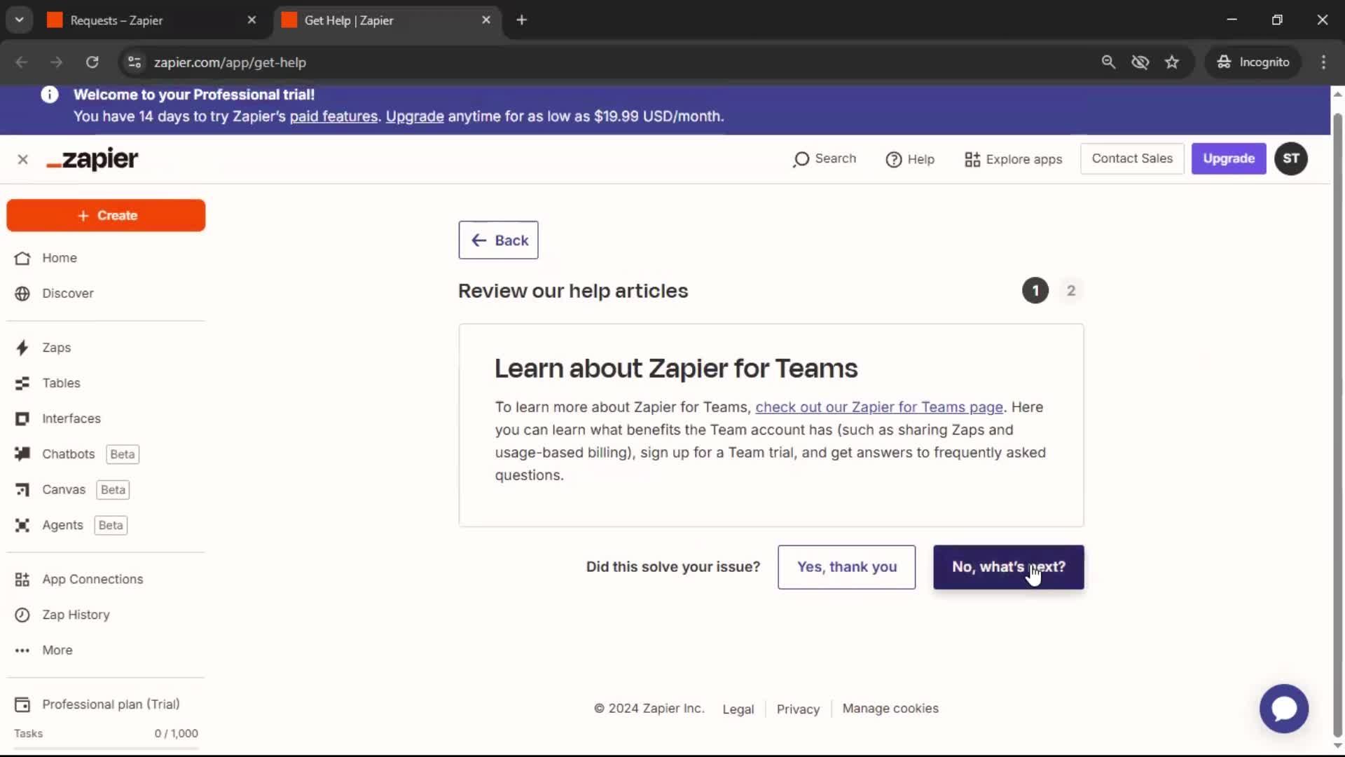 Help center screenshot