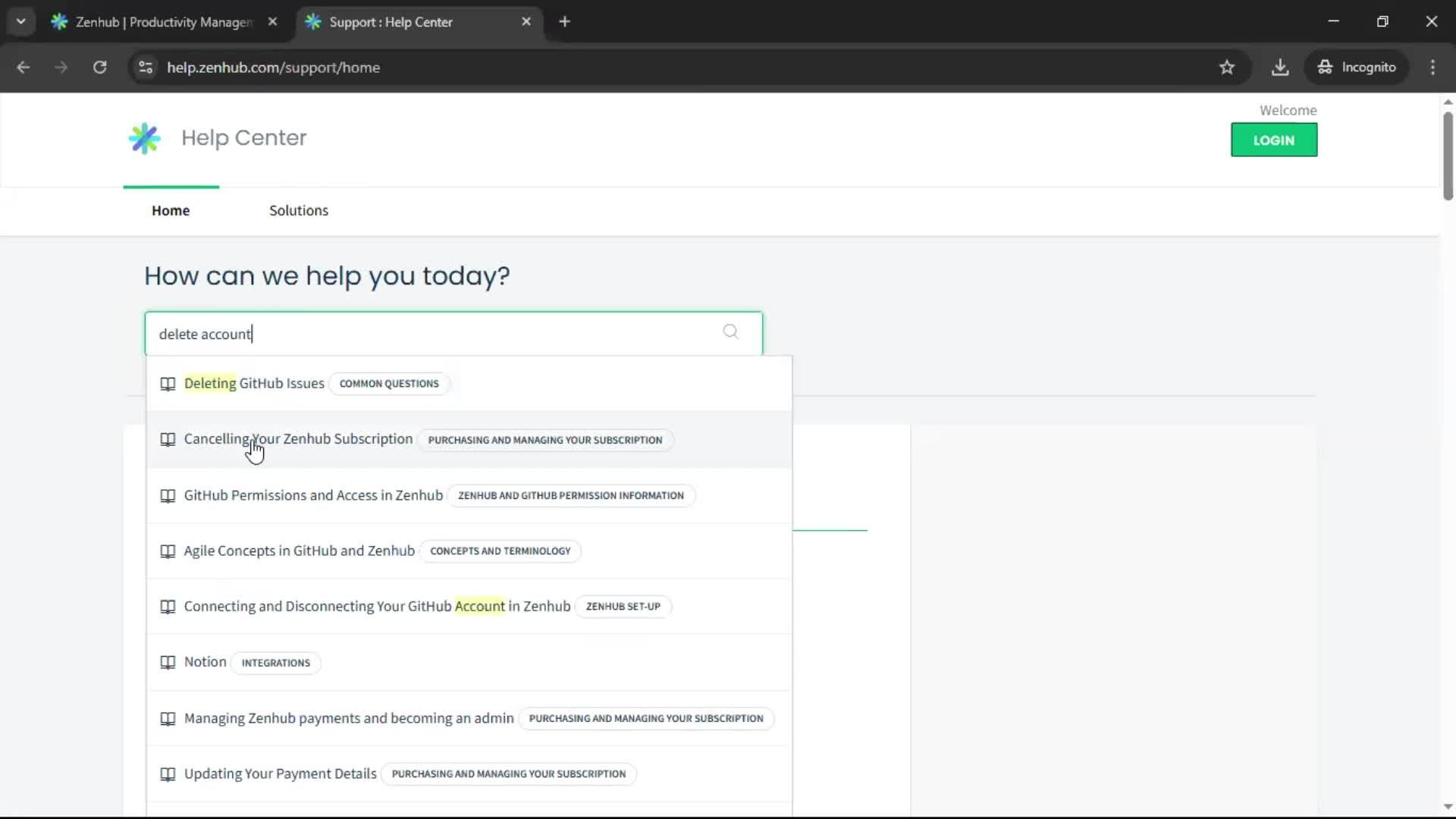 Help center screenshot