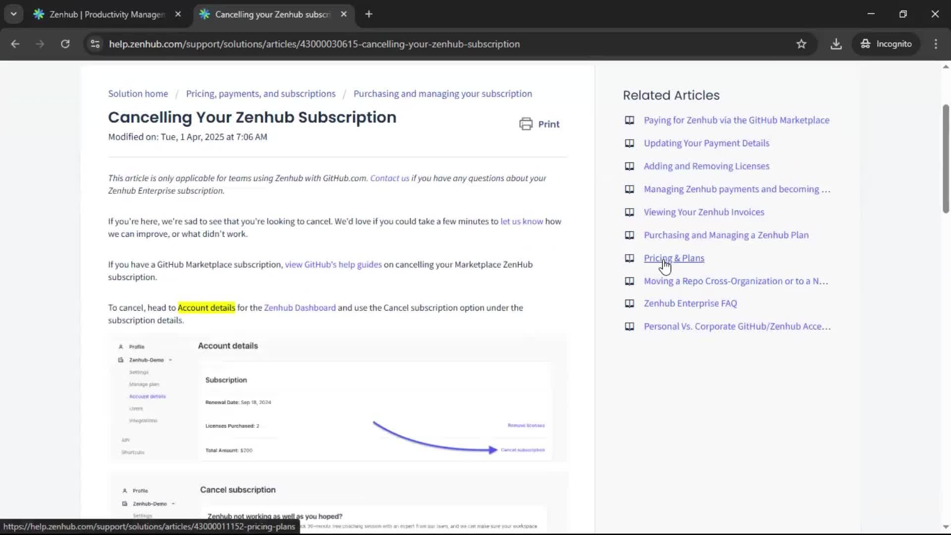 Help center screenshot