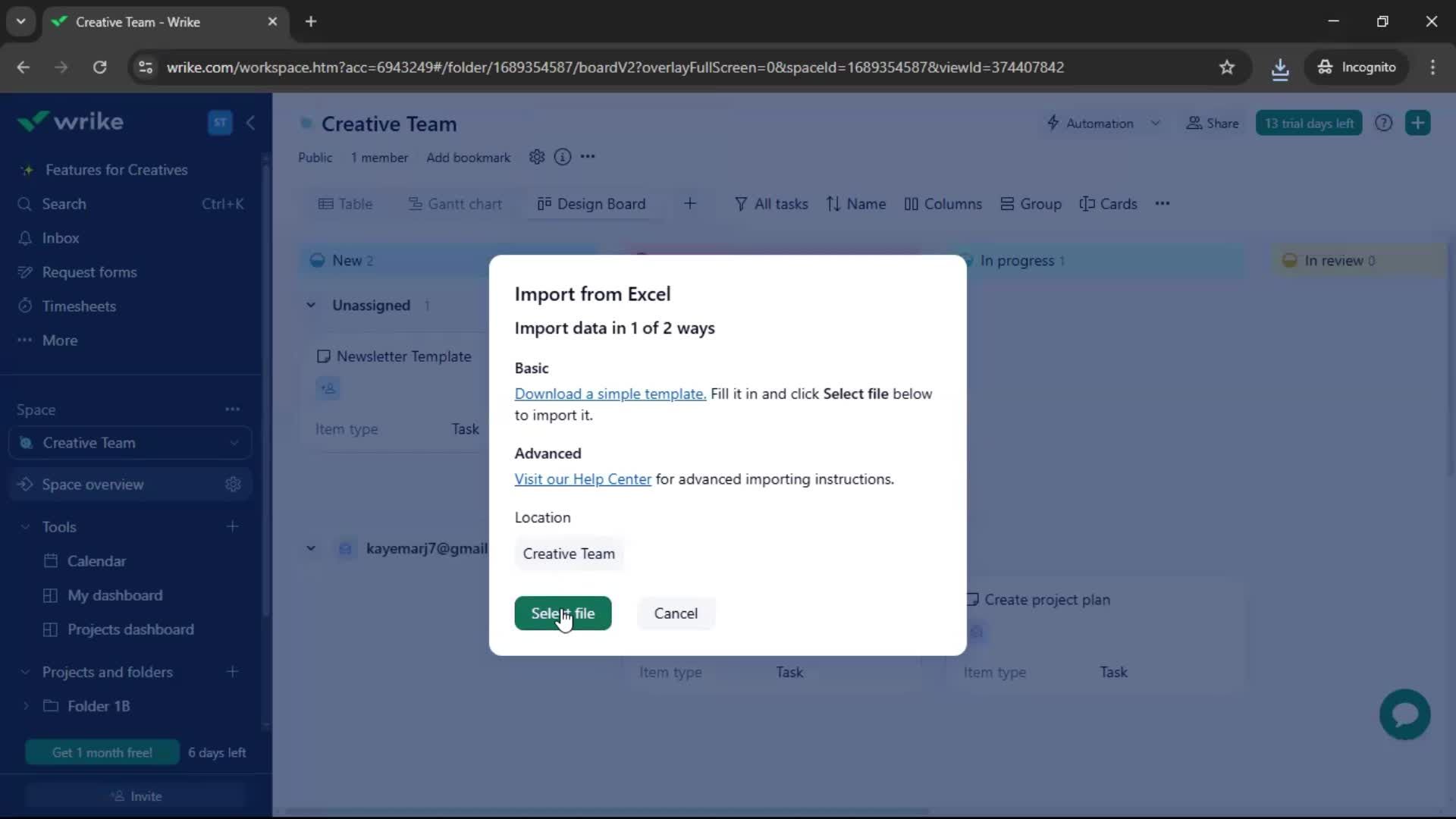 Importing data screenshot