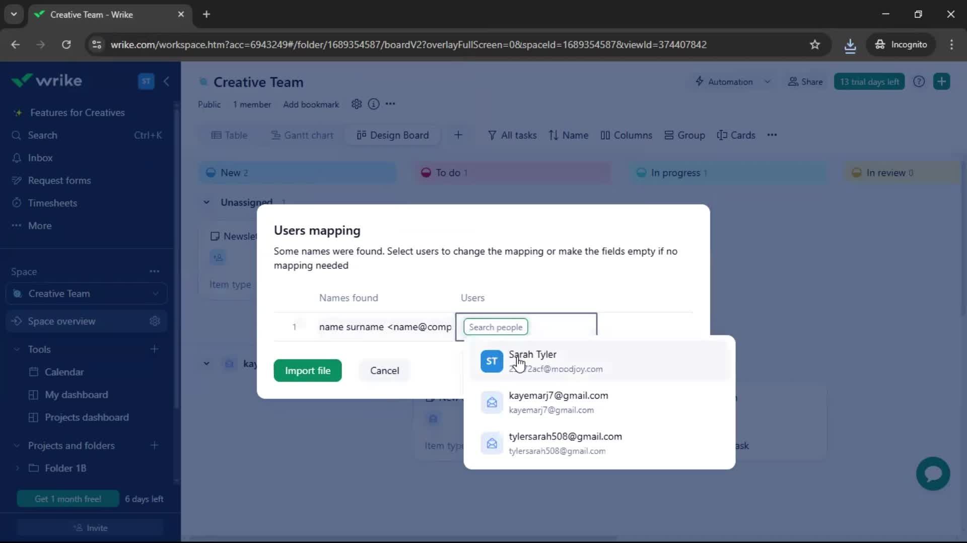 Importing data screenshot