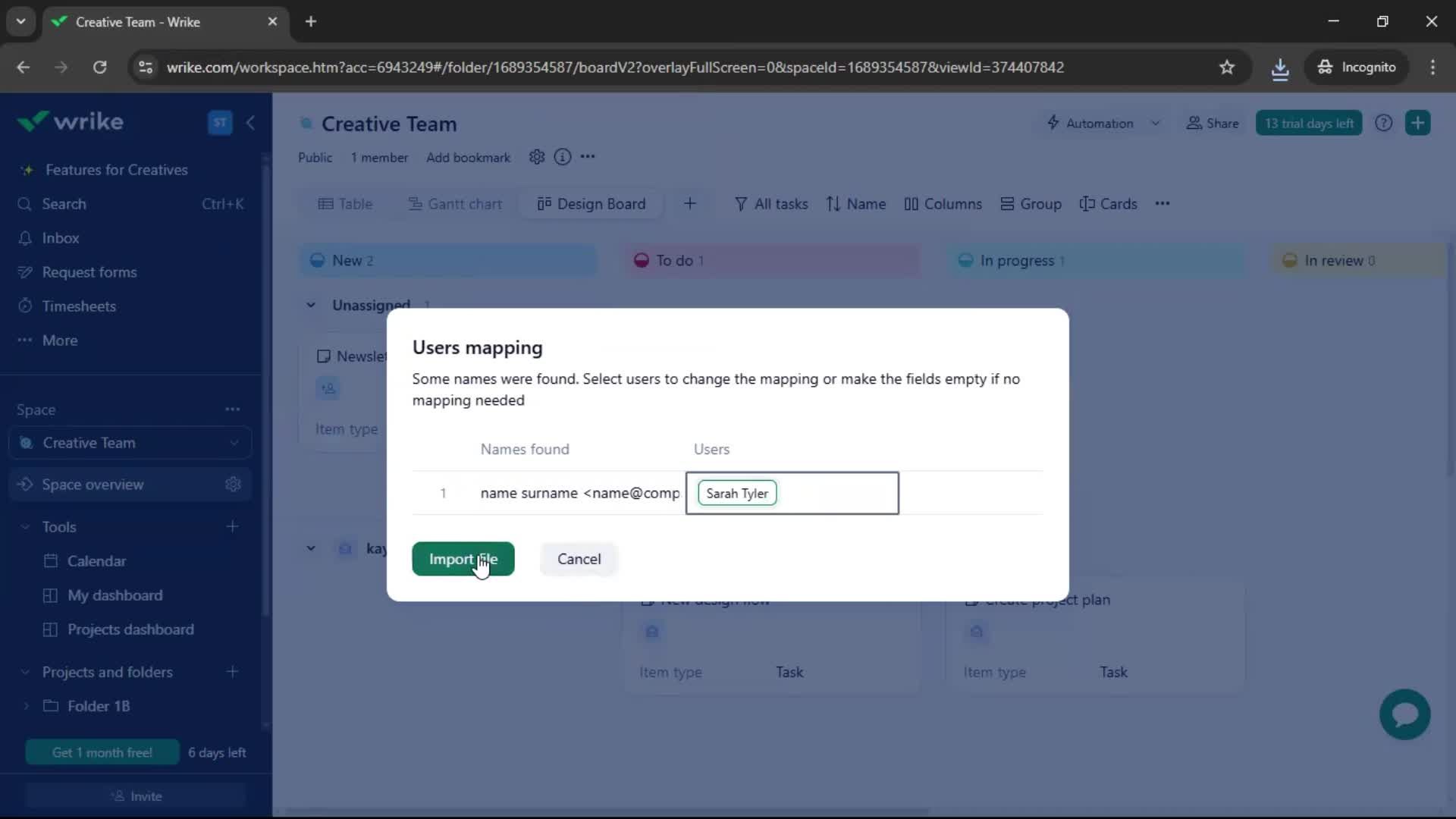 Importing data screenshot