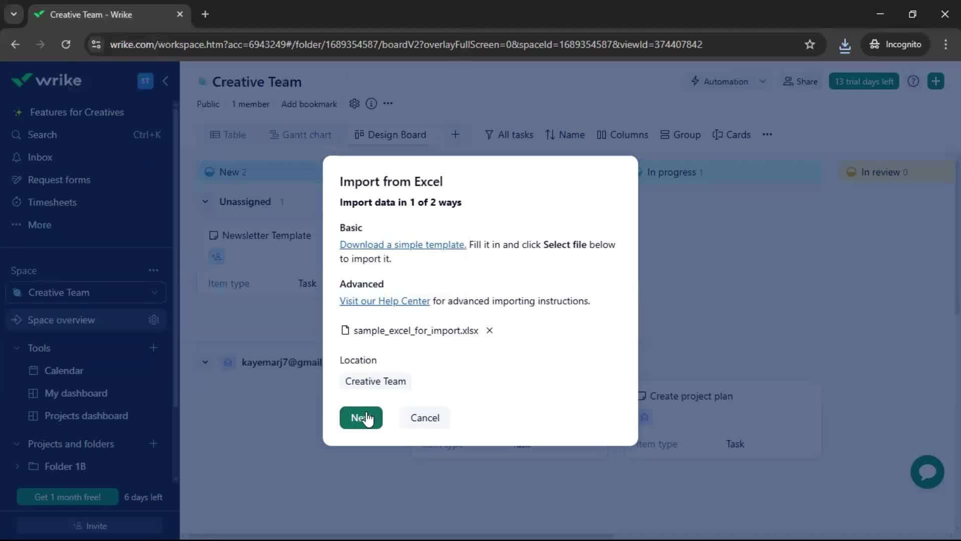 Importing data screenshot