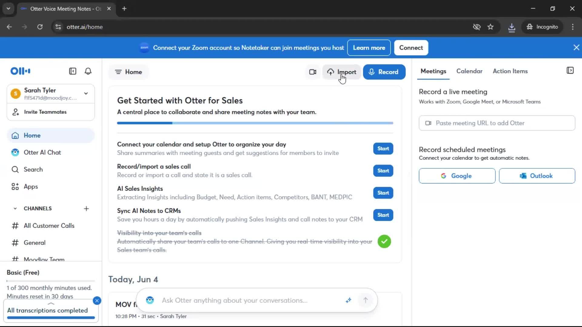 Importing data screenshot