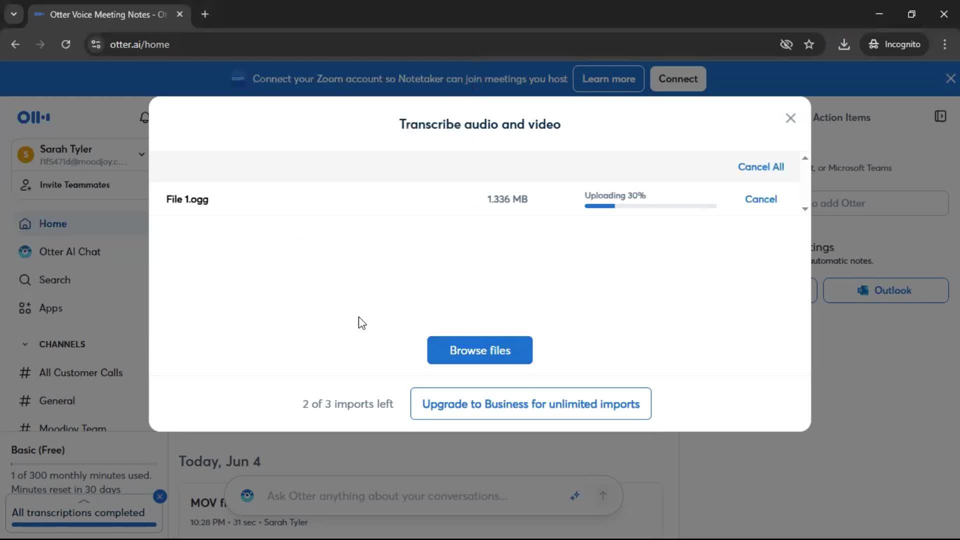 Importing data screenshot
