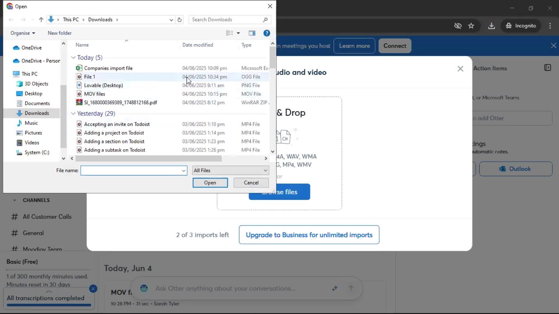 Importing data screenshot