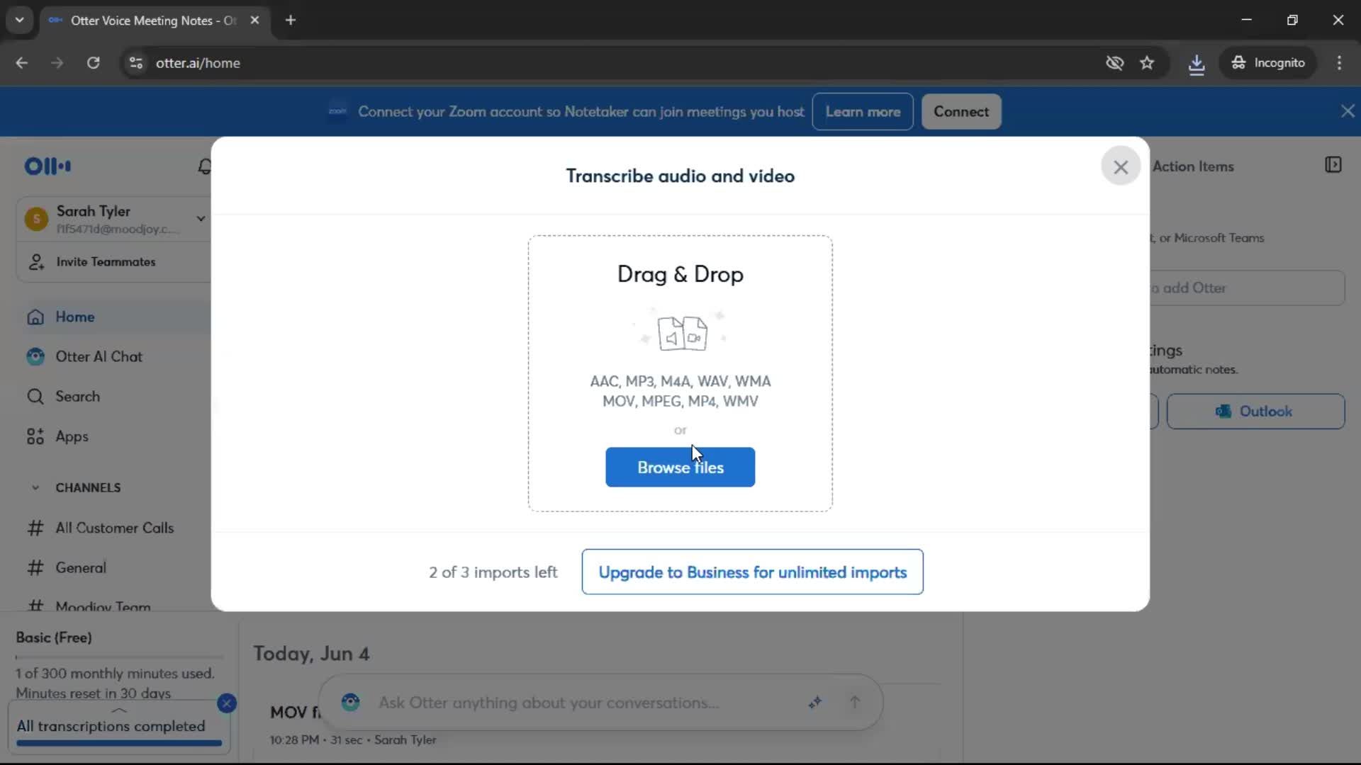 Importing data screenshot