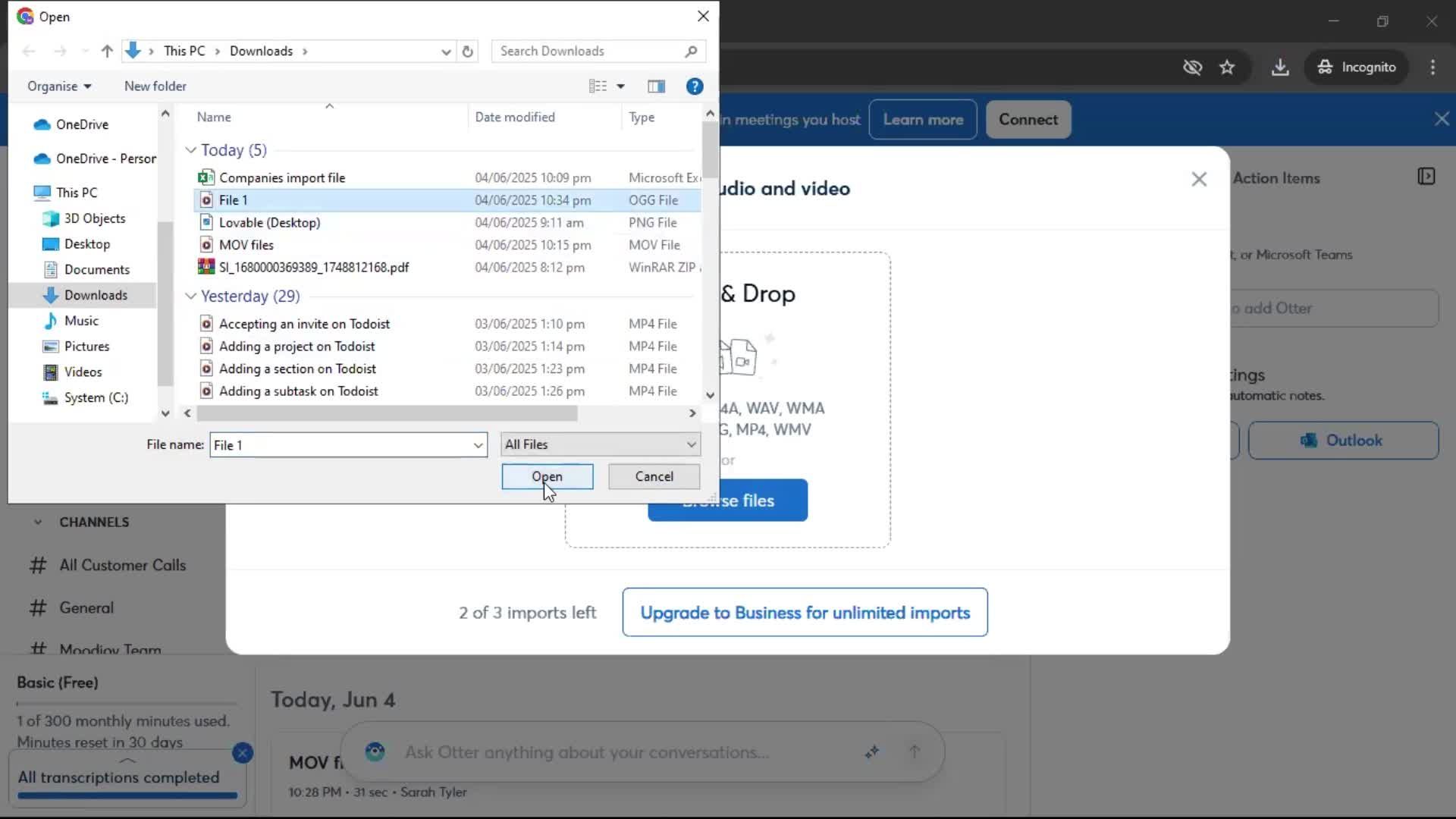 Importing data screenshot
