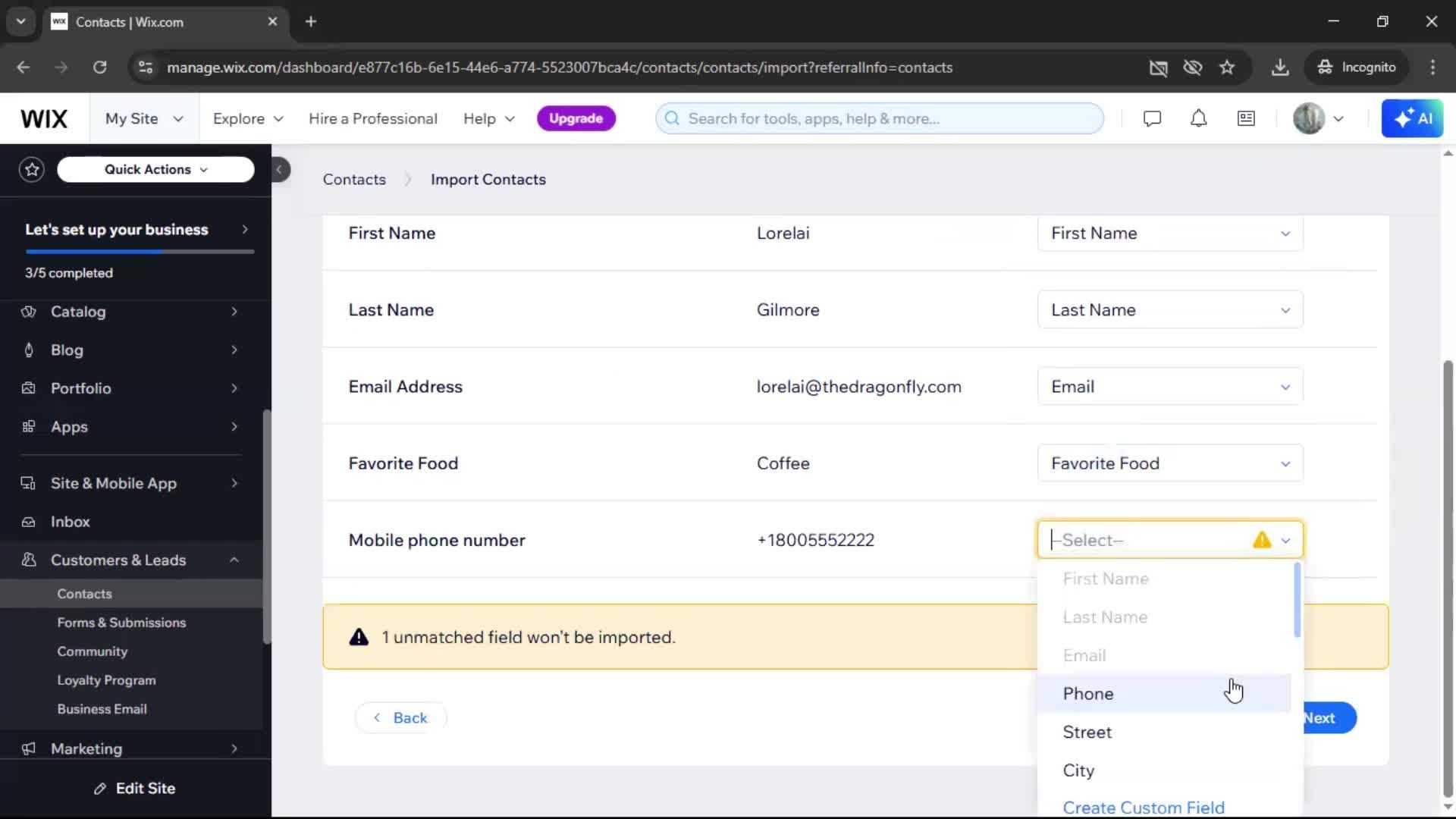 Importing data screenshot