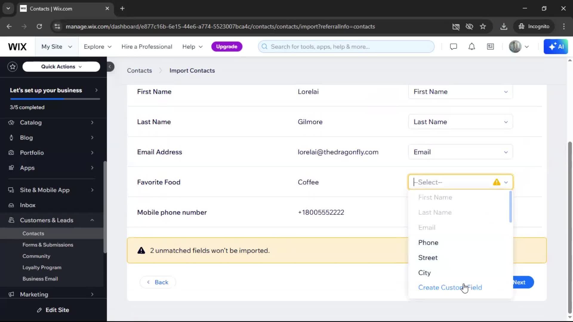 Importing data screenshot