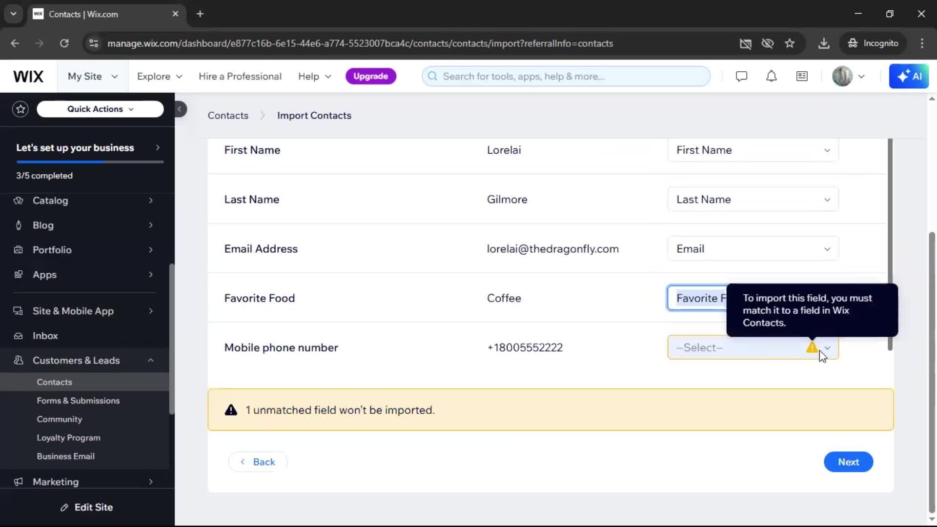 Importing data screenshot