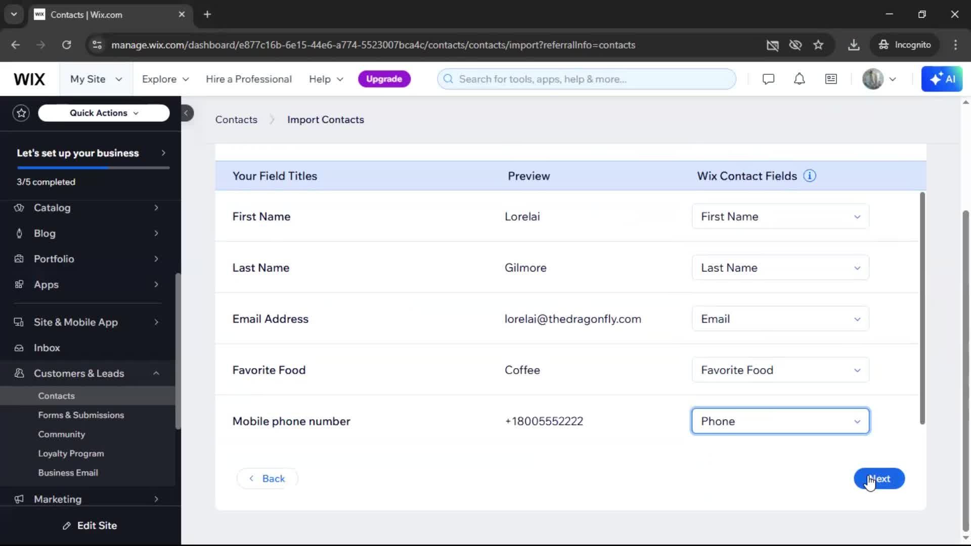 Importing data screenshot