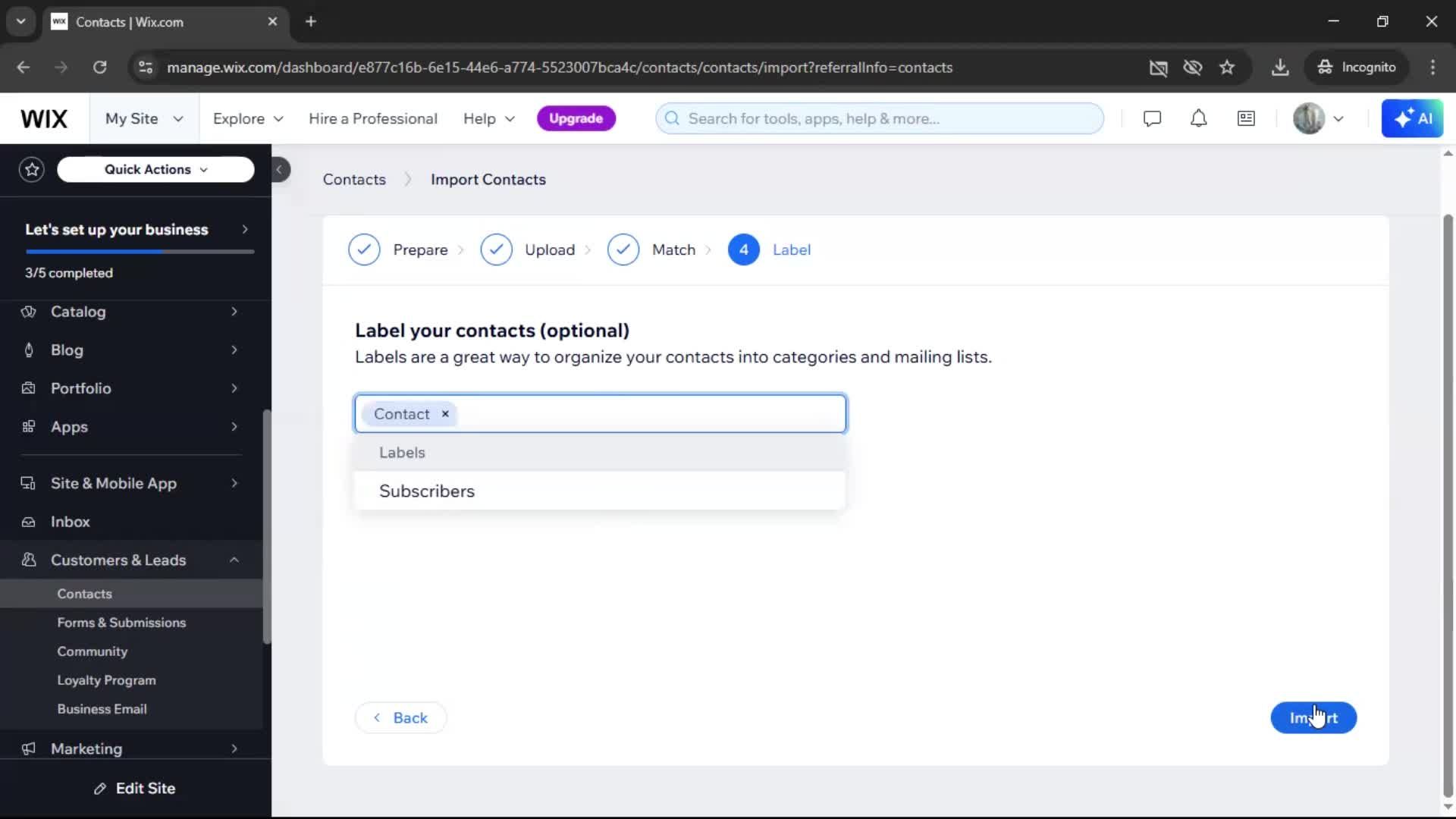 Importing data screenshot